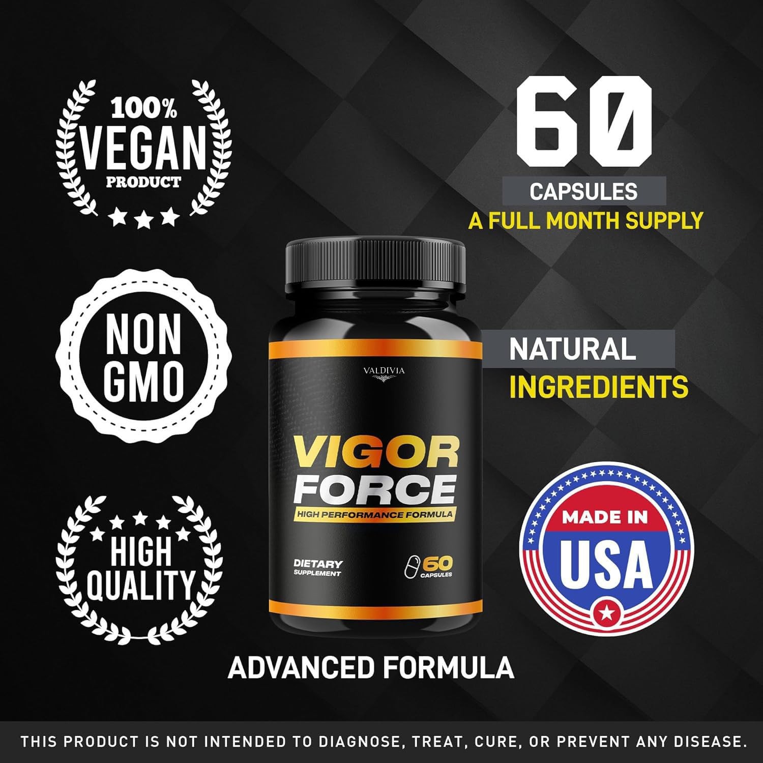 Valdivia Vigor Force 60 Capsules Men’s Health Supplement Made in USA Male