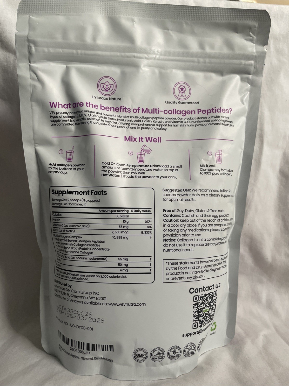 VEV Multi Collagen Peptides Unflavored Powder 16 oz Grass Fed Pasture Raised