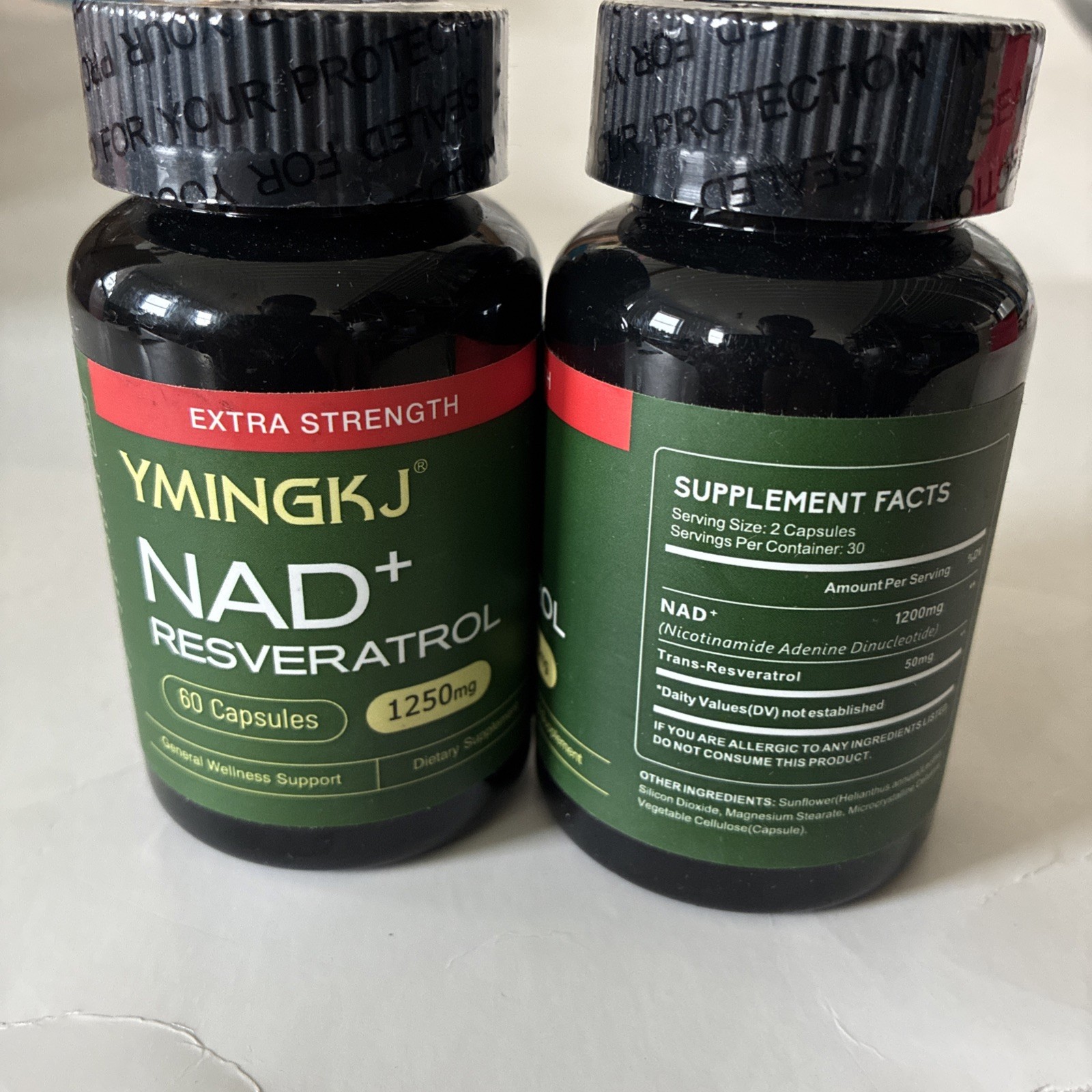 YMINGKJ NAD+ + Trans-Resveratrol 1250mg 60 Veg Capsules 2 bottles