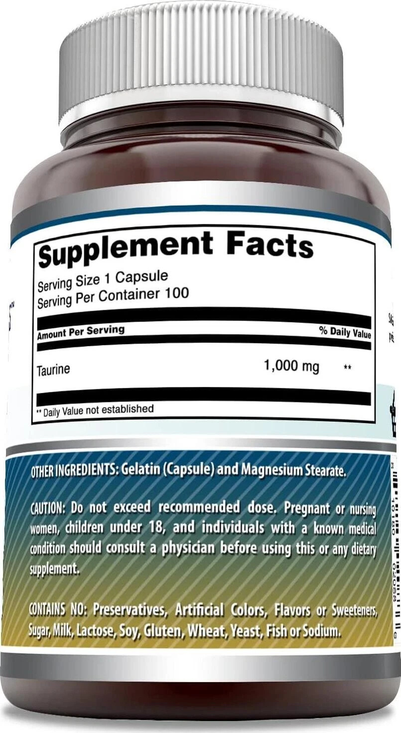 Amazing Nutrition Formulas Taurine Supplement 1000 mg 100 Capsules EXP 11/2027