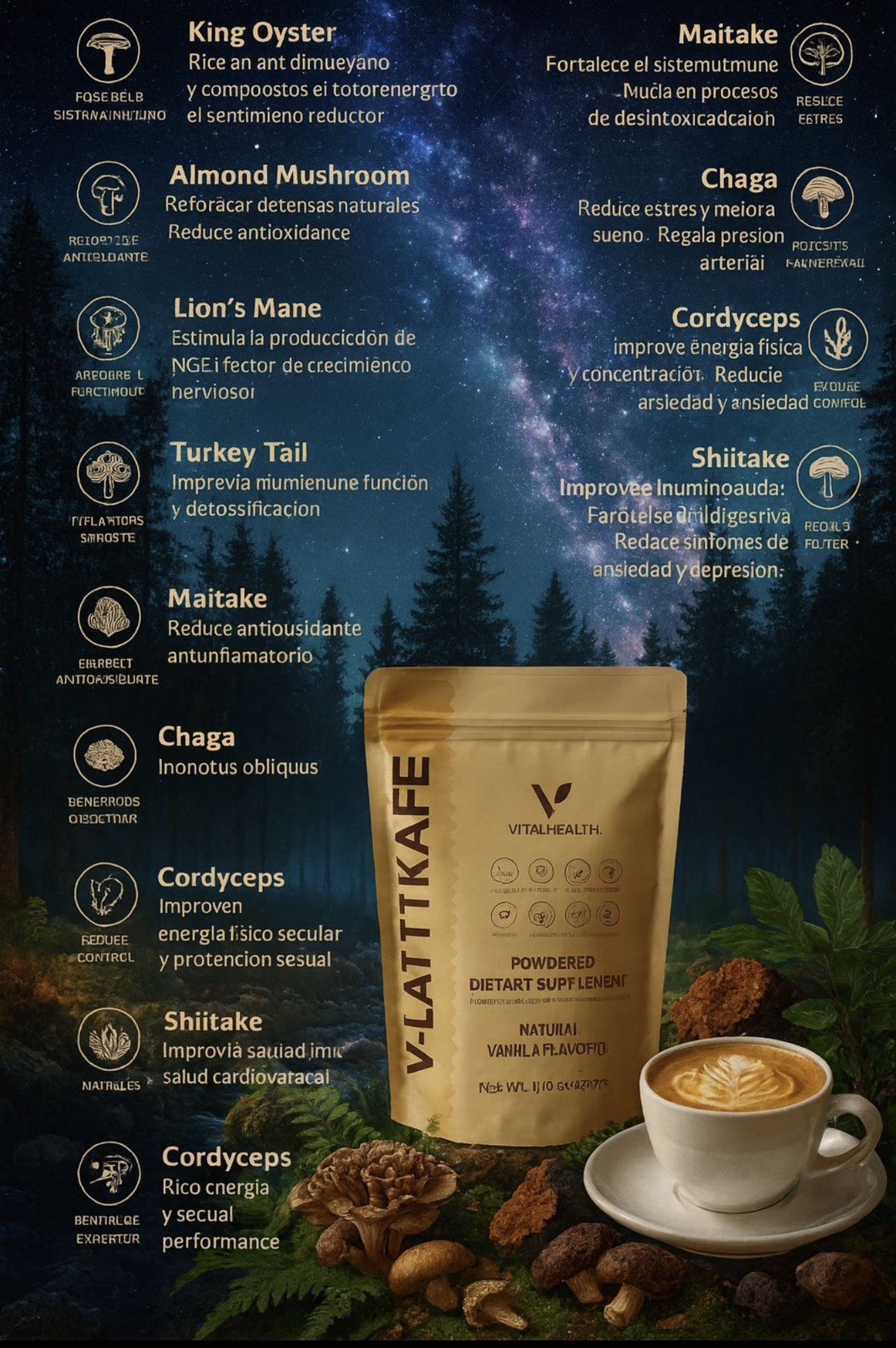 LatteKafe – VitalHealth ( 10 Hongos, MCT + = Concentracion, Claridad, Energia)