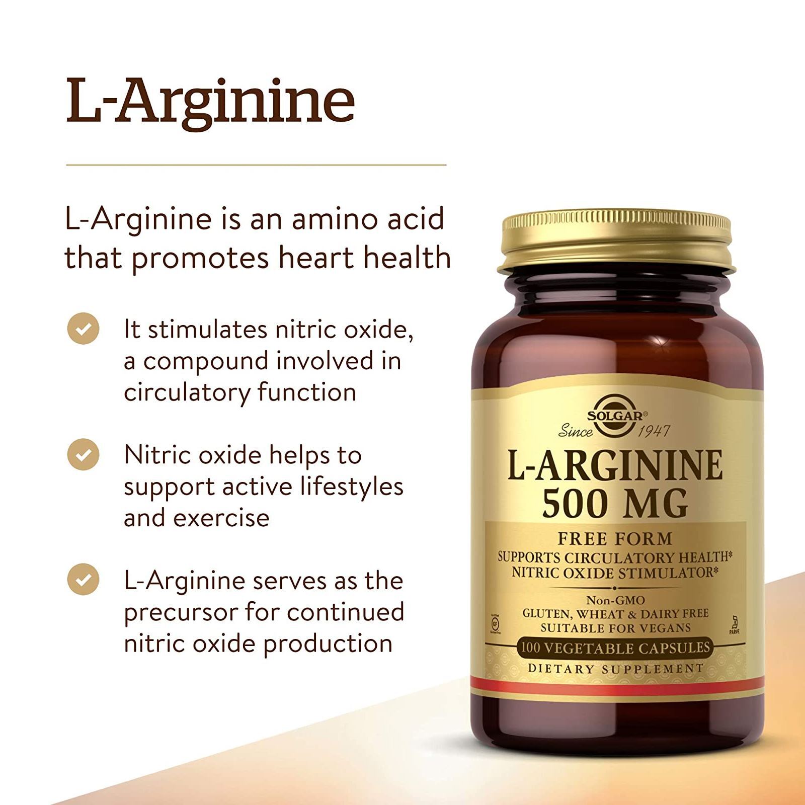 Solgar L-Arginine 500 mg 100 Vegetable Capsules, Free Form Amino Acids