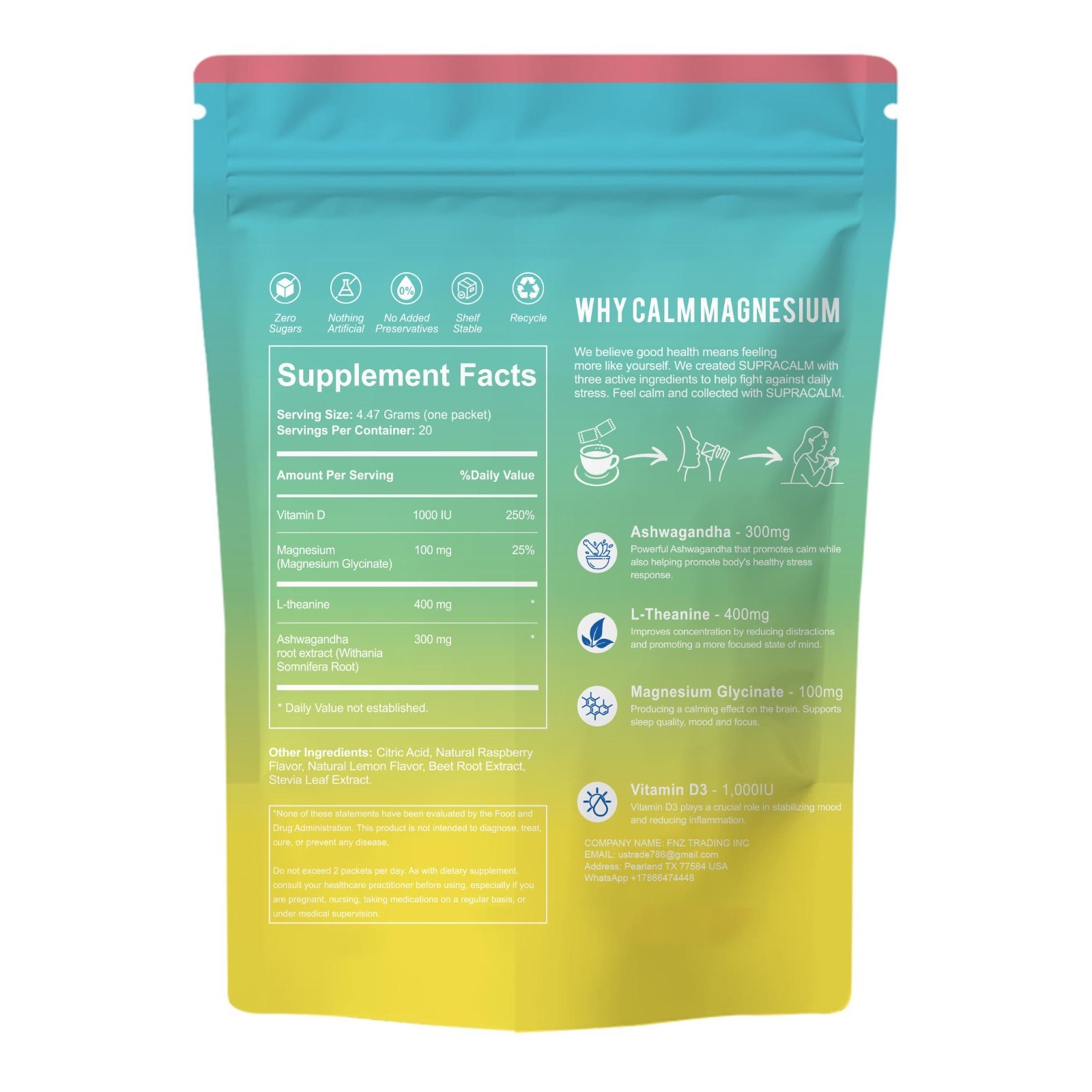 DEZEN Super Calm Magnesium Powder Drink Mix Raspberry Lemonade Flavor