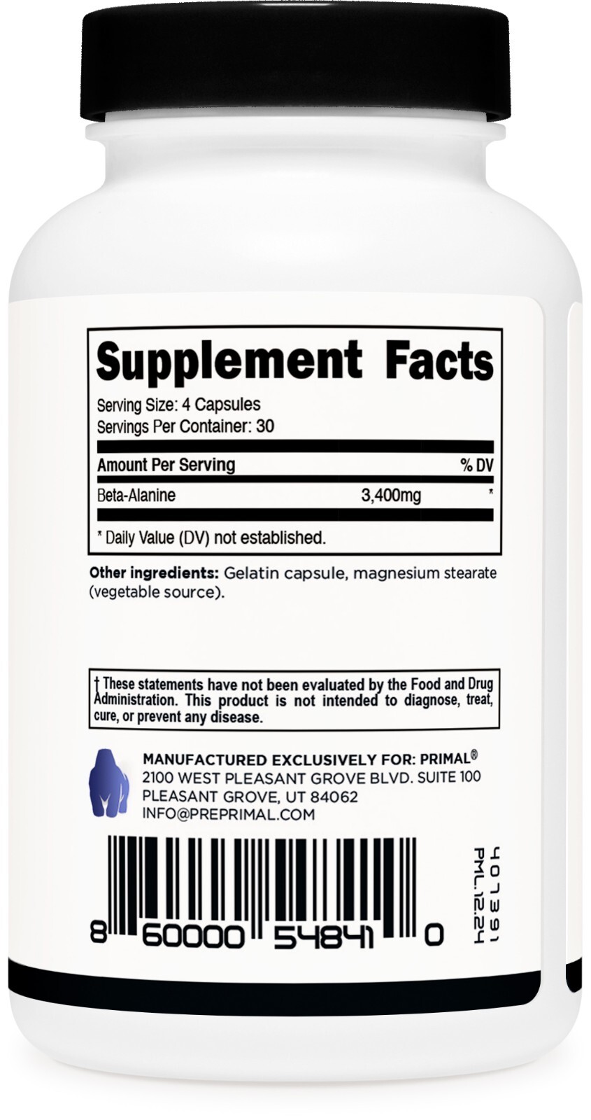 Primal Beta-Alanine Capsules 3400mg per Serving (30 Servings) – Supplement