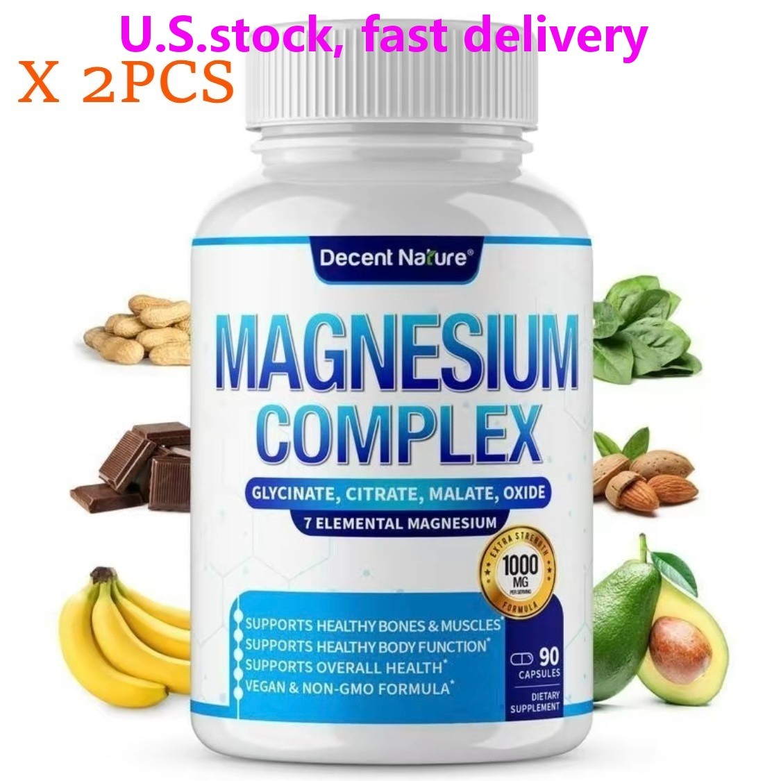 2 BOTTLES—Decent Nature Magnesium Complex1000mg-7Elemental Magnesium Capsules