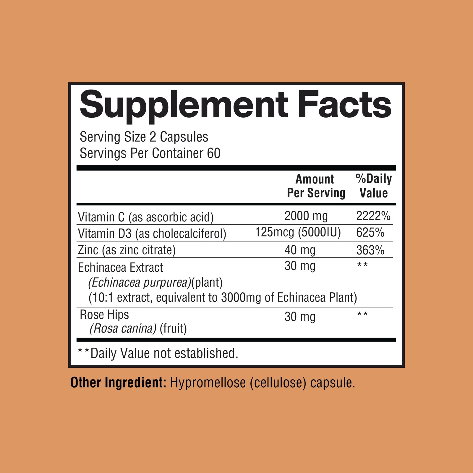 Vitamin C 2000MG D3 5000IU + ZINC 40MG, Echinacea and Rosehips. immune support