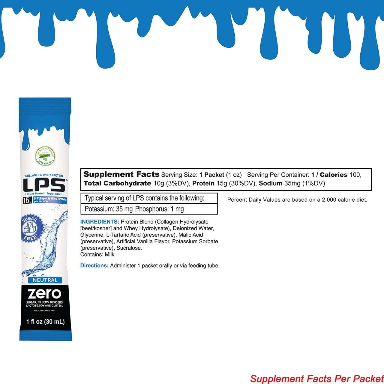 LPS Liquid Protein Supplement Collagen & Whey 15 Grams Neutral 1 Oz. 25 Packets