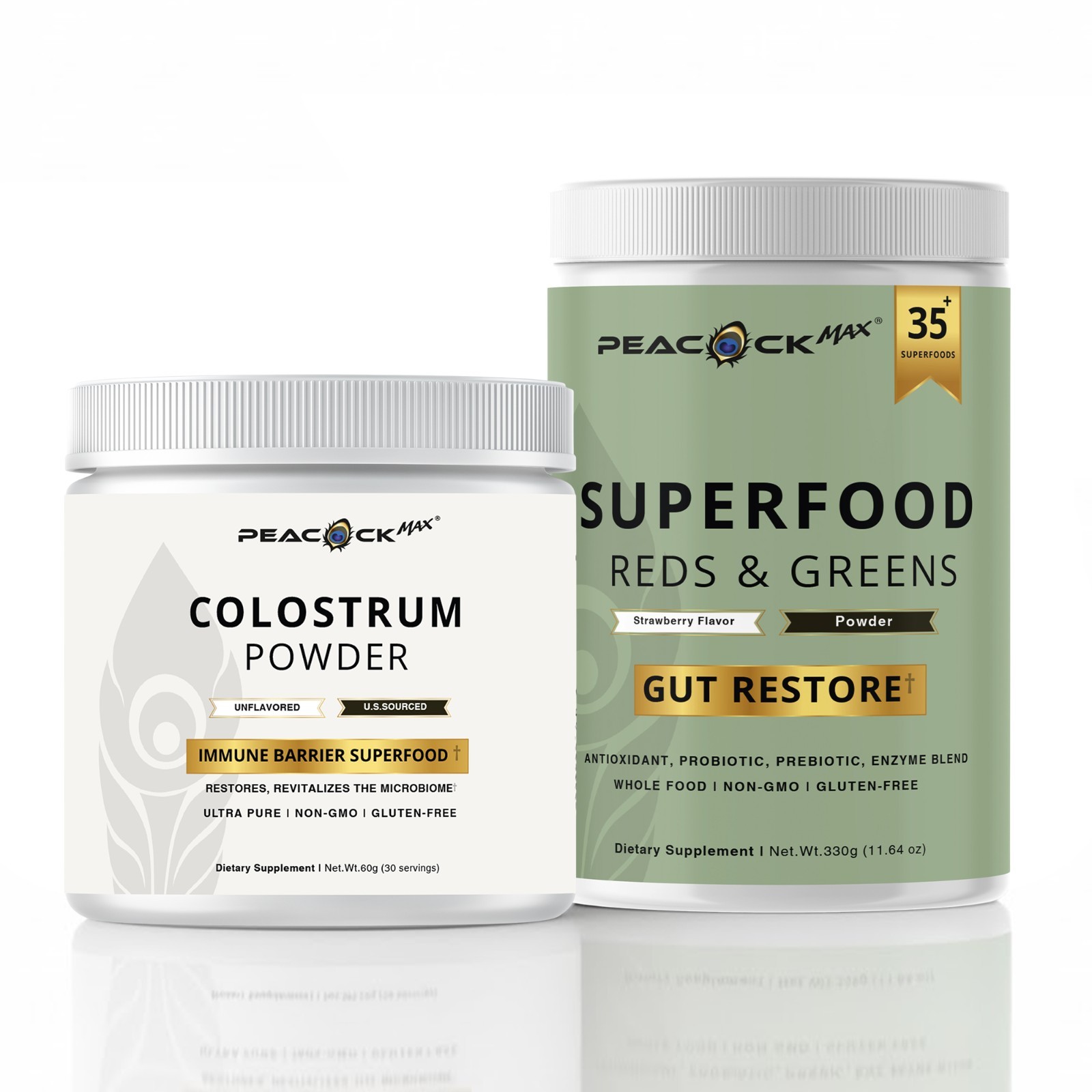 peacock max Superfood Reds & Greens 11.64 oz & Colostrum Powder 60g