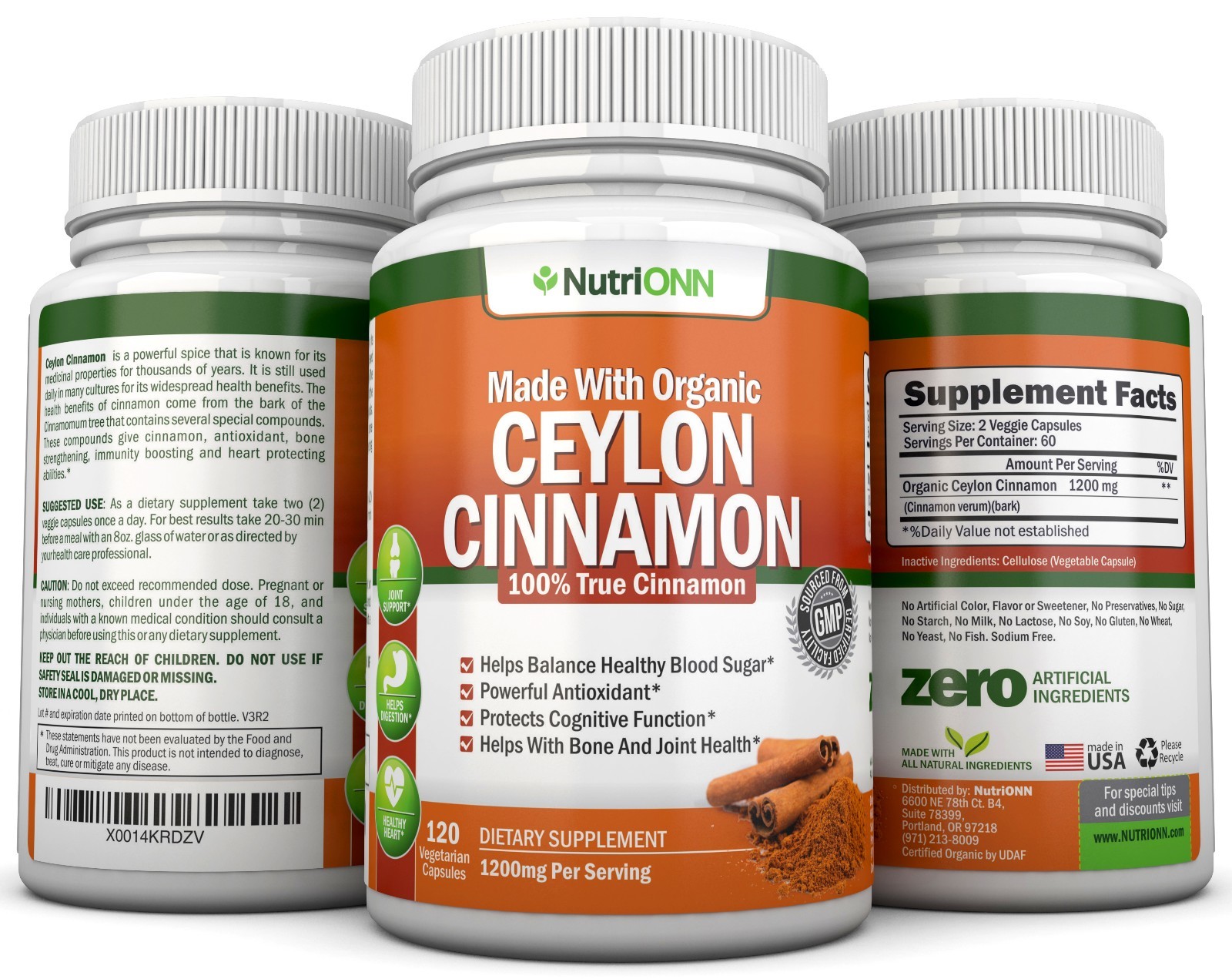 Organic Ceylon Cinnamon – 1200mg – 120 Capsules-True Cinnamon, Great Antioxidant