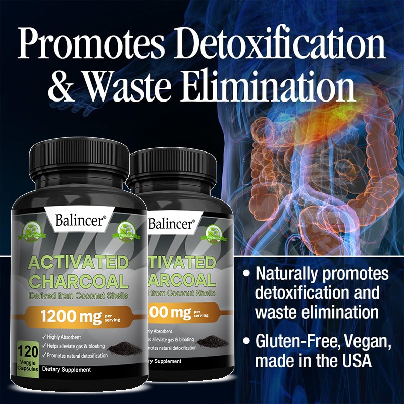 Activated Charcoal 1200mg 120 Capsules Helps Alleviate Gas Bloating High Quality