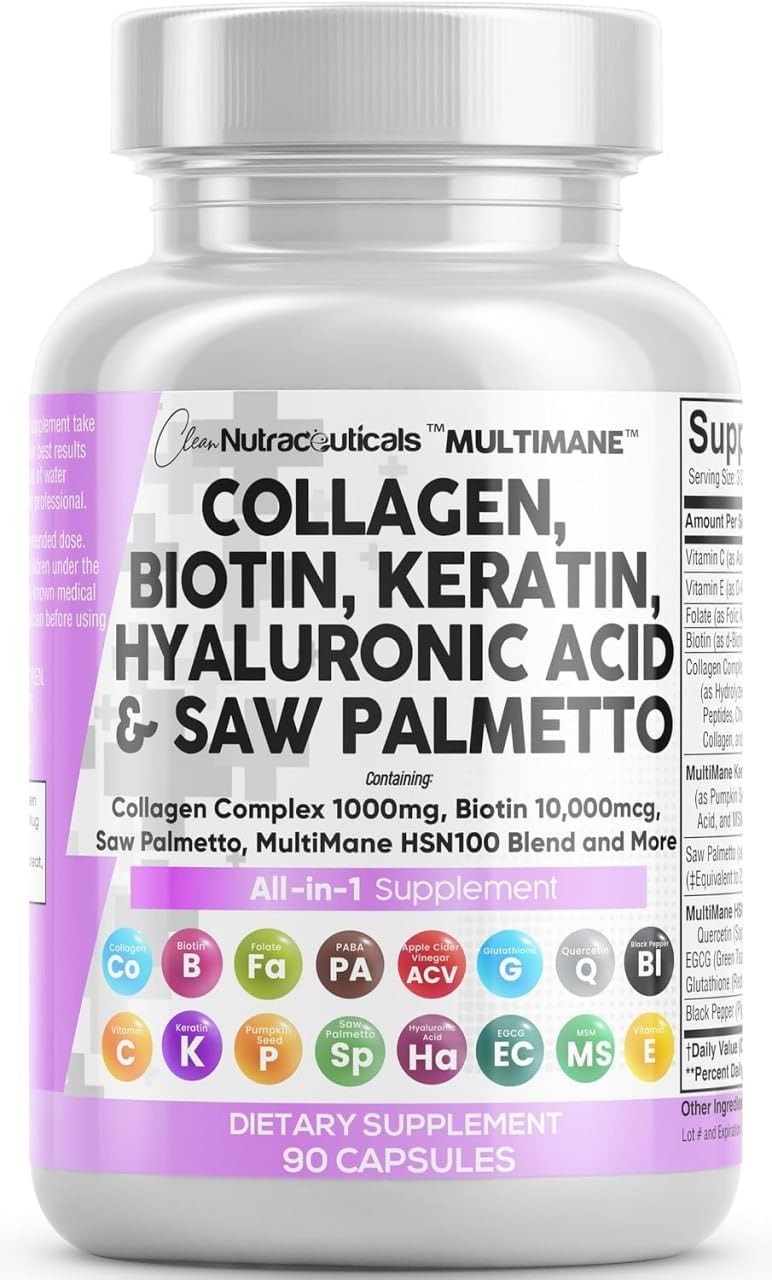 Clean Nutraceuticals Collagen Pills 1000mg Biotin 10000mcg Keratin Saw Palmetto