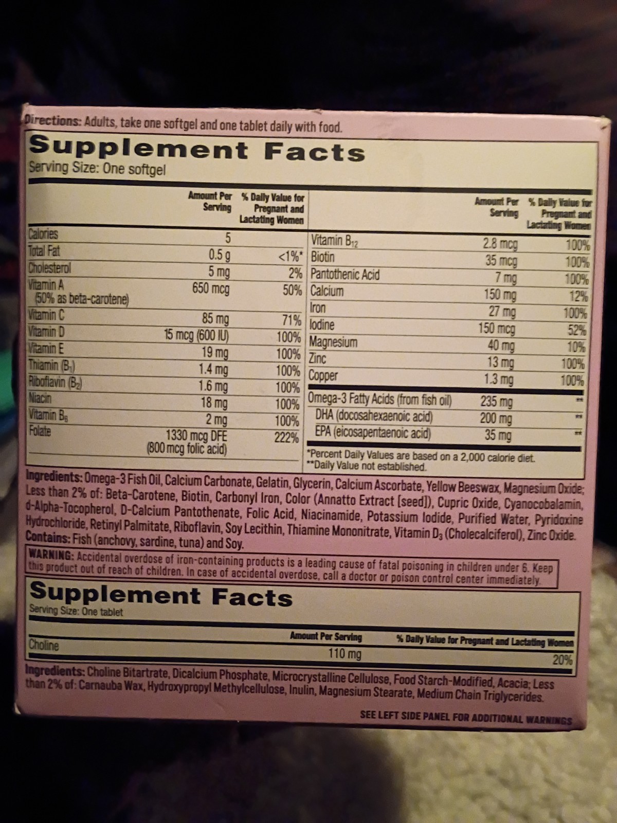 One A Day Prenatal Advanced Multivitamin 60 Softgels + Choline Tablets DHA 200mg