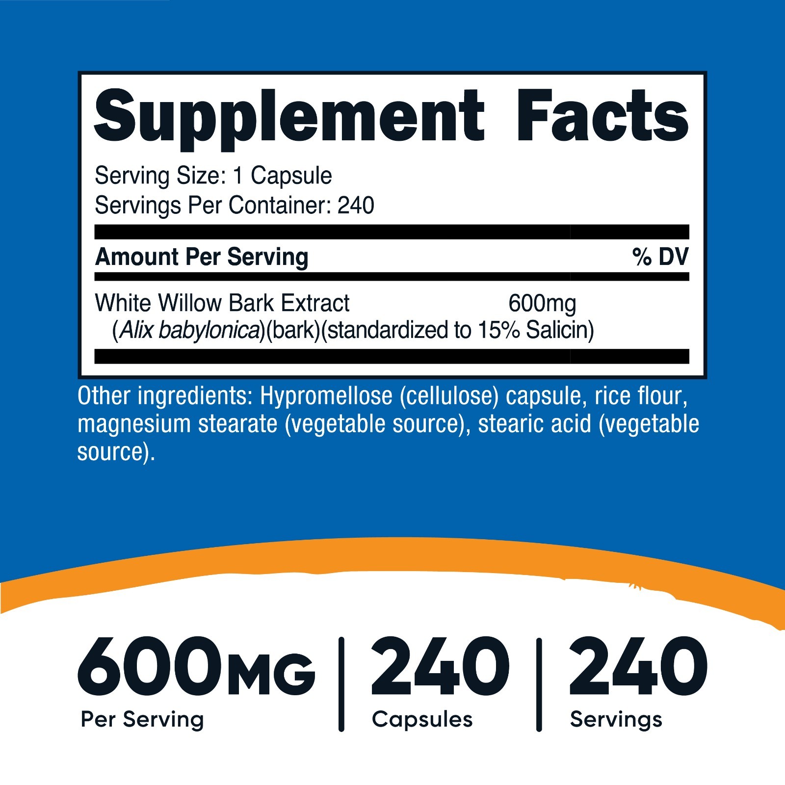 Nutricost White Willow Bark 600mg, 240 Capsules – Standardized to 15% Salicin