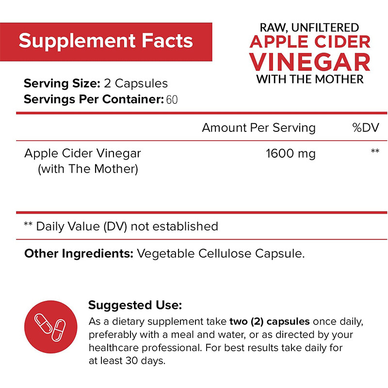 1600mg Apple Cider Vinegar Capsules, Detox & Weight Support, 120 VegCaps