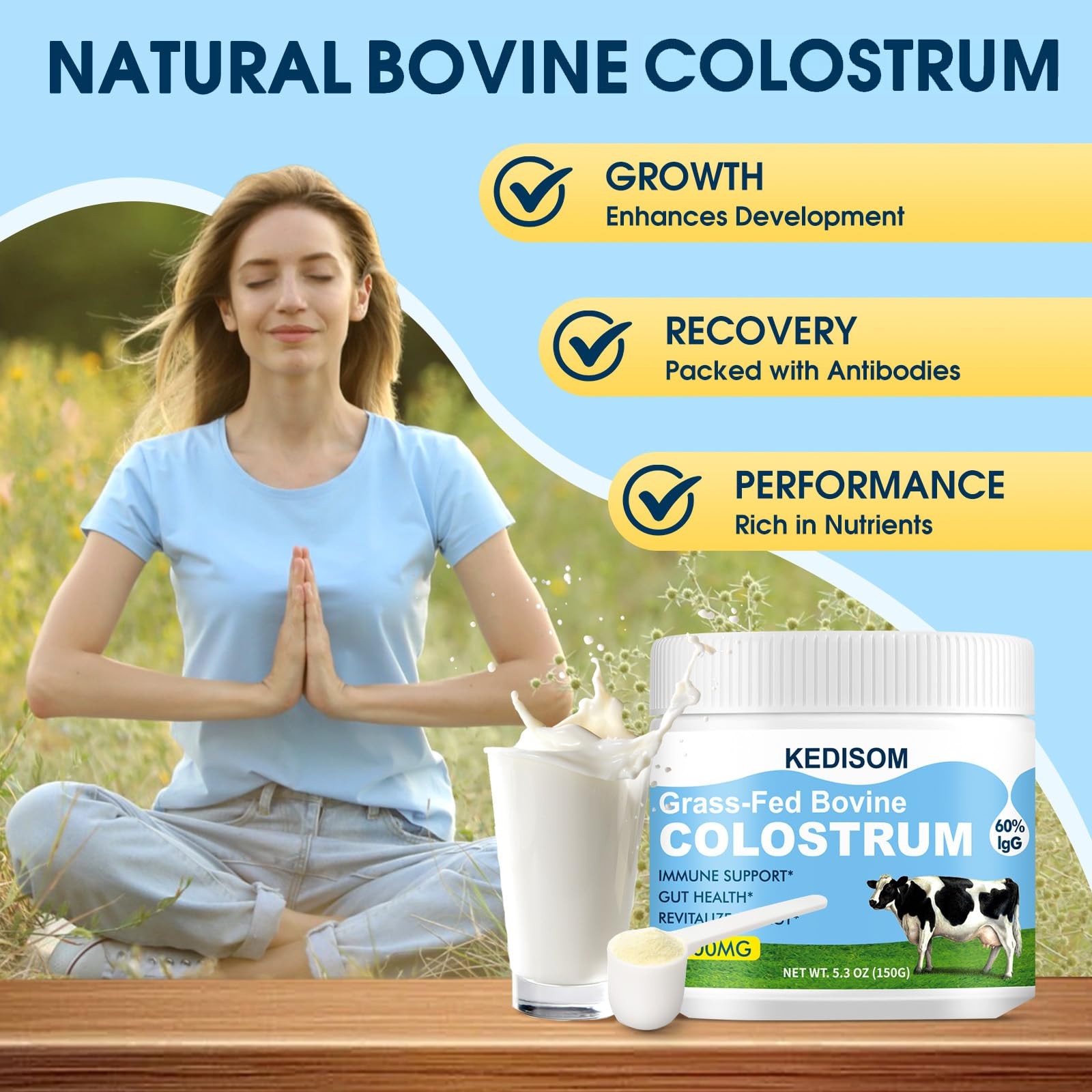 KEDISOM Grass-Fed Bovine Colostrum Supplement 5.3 Ounce (Pack of 1), 150g