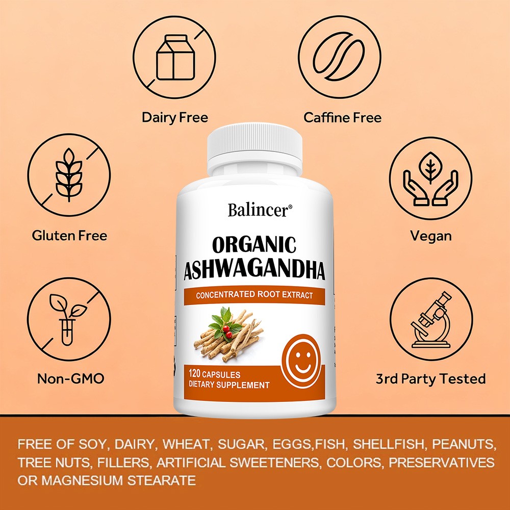 Organic Ashwagandha Supplement High Potency Supports Stress 30/60/120 Capsules