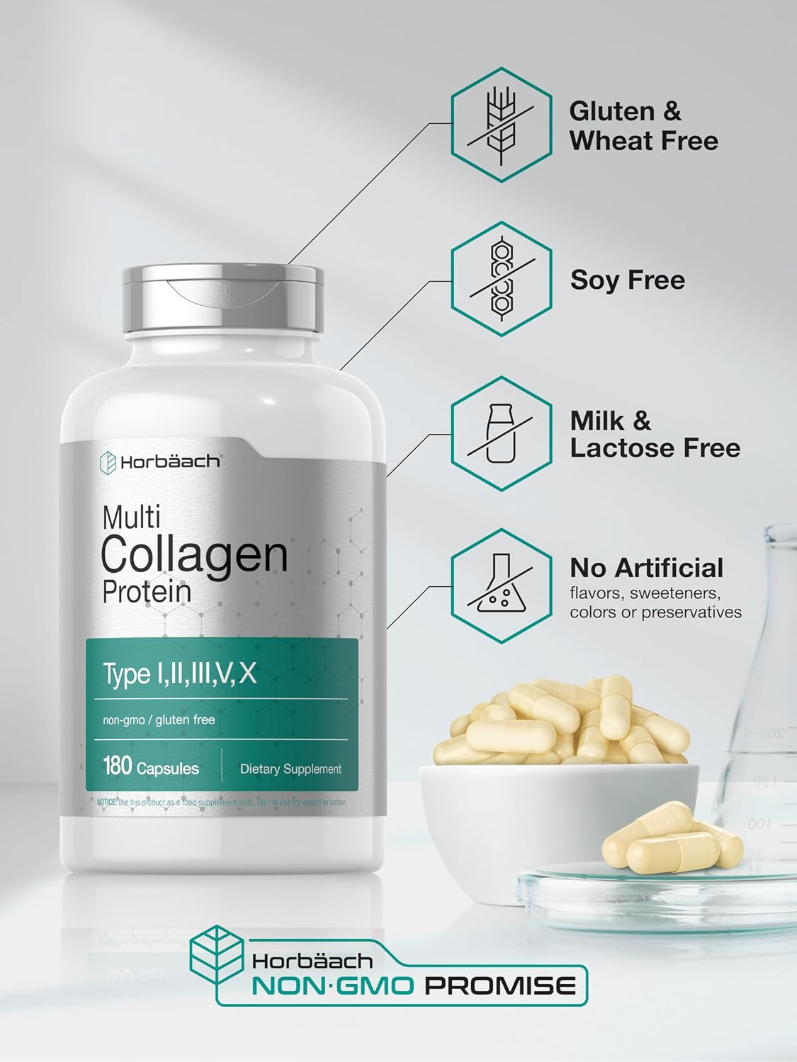 Horbäach Multi Collagen Protein 2000 mg | 180 Capsules 180 Count (Pack of 1)