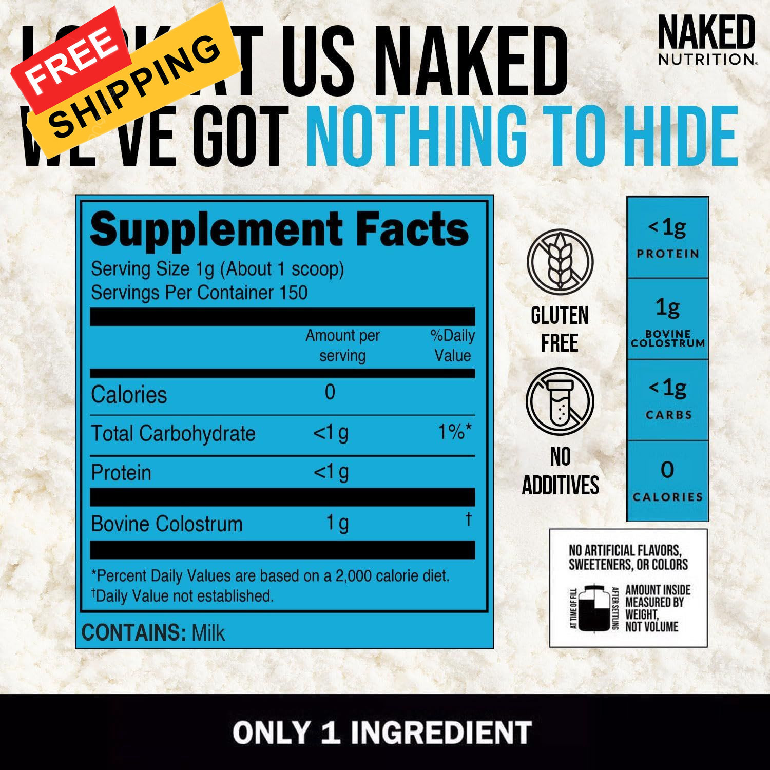 NAKED Colostrum Powder – 100% Grass-Fed Bovine 5.3 Ounce (Pack of 1), White