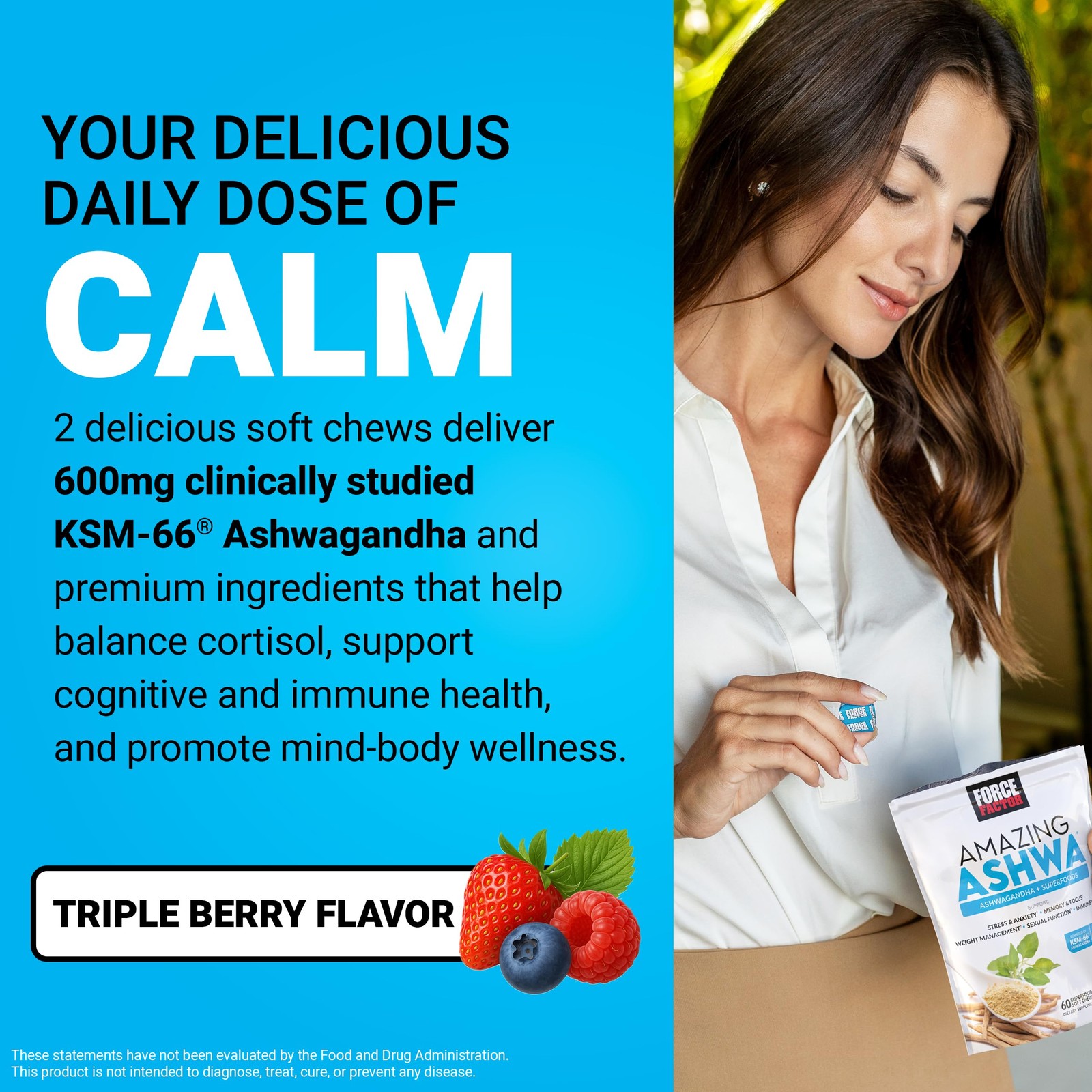 Force Factor Amazing Ashwa for Stress 60 Count (Pack of 1), Triple Berry