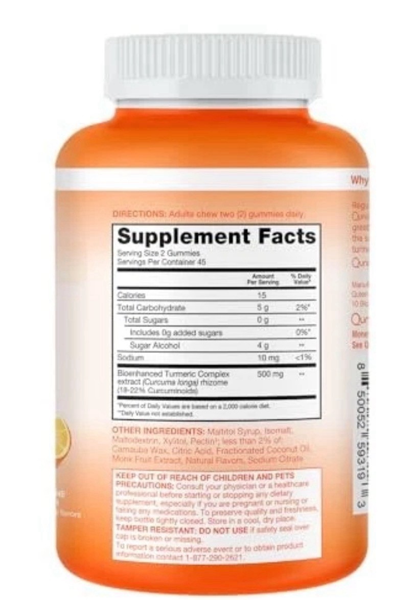 Qunol Zero Sugar Turmeric Gummies, Gummy 500mg 120 Count (Pack of 1) Exp 12/26
