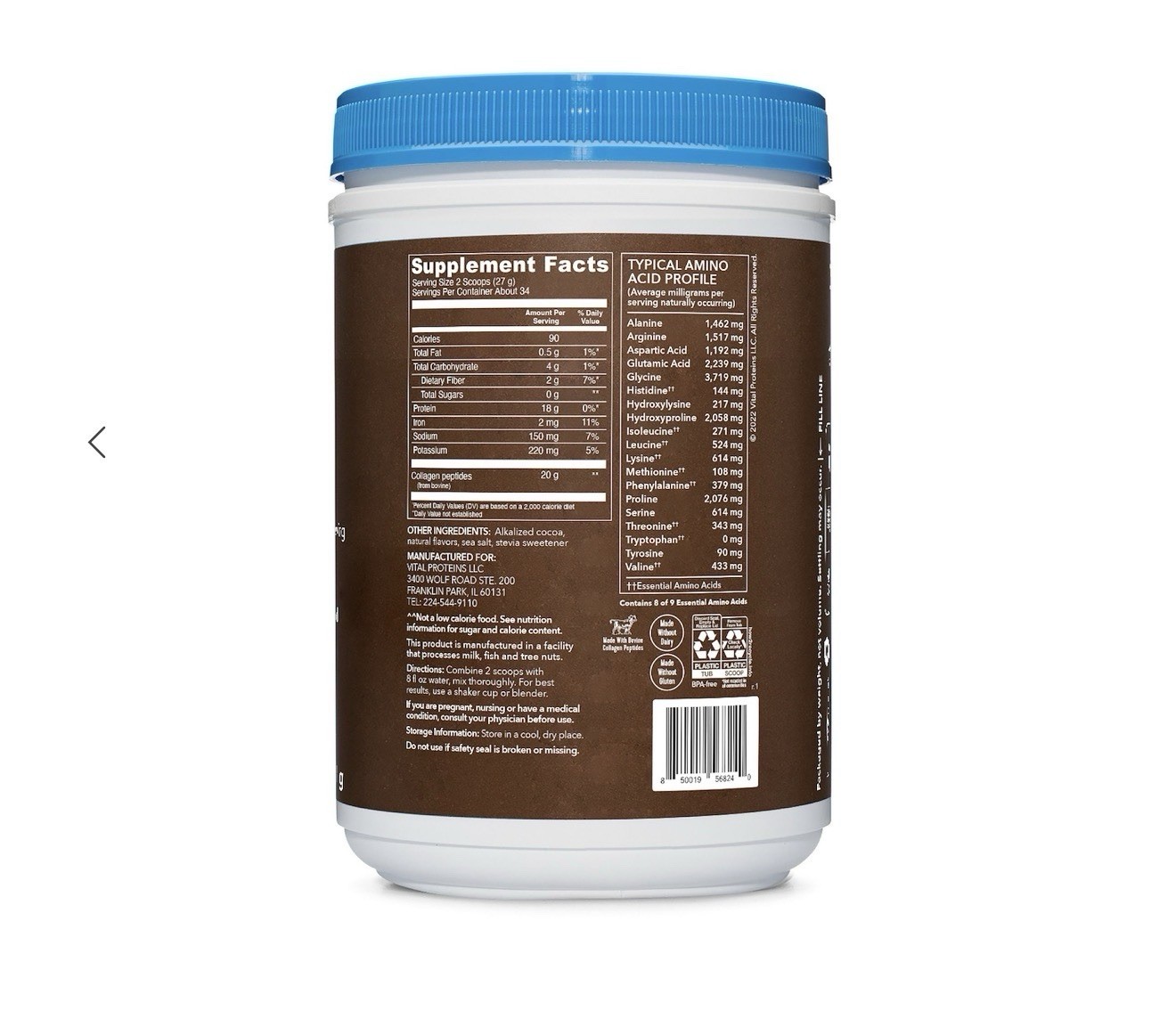 Vital Proteins Collagen Peptides Powder Chocolate 2 lb Keto Paleo Friendly