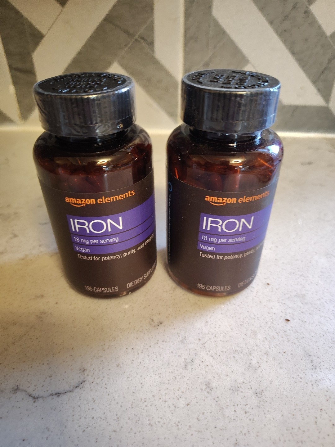 2 Pack Of Amazon Elements Iron 18mg 195 Vegan Capsules Exp 10/24/2026