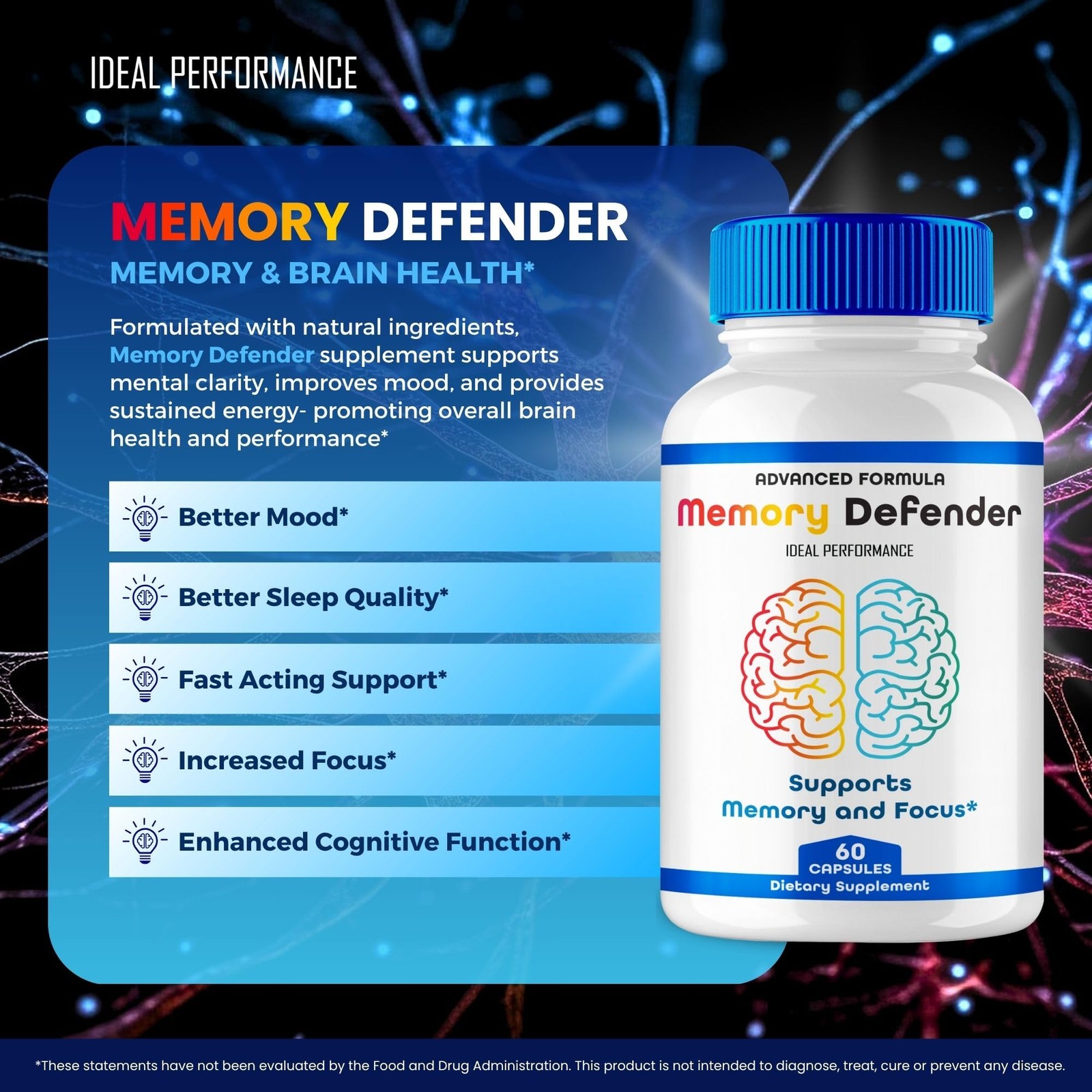 Memory Defender Brain Nervous System Supplement – 180 Capsules (3 Pack)