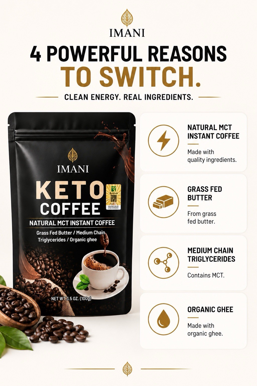 Keto Coffee Natural MCT Instant Coffee Grass Fed Butter & Ghee Blend 100g Diet