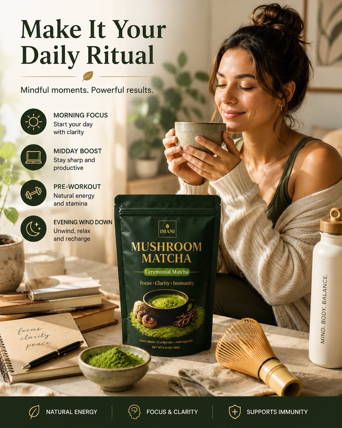 IMANI Mushroom Ceremonial Matcha Focus, Clarity & Calm Energy Superfood Blend