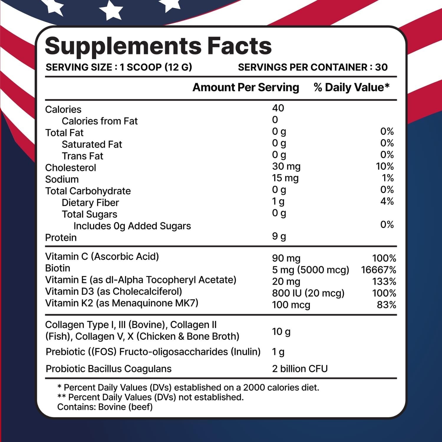 Multi Collagen Peptides with Probiotics + Type I, II, III, V, X + Hydrolyzed Col