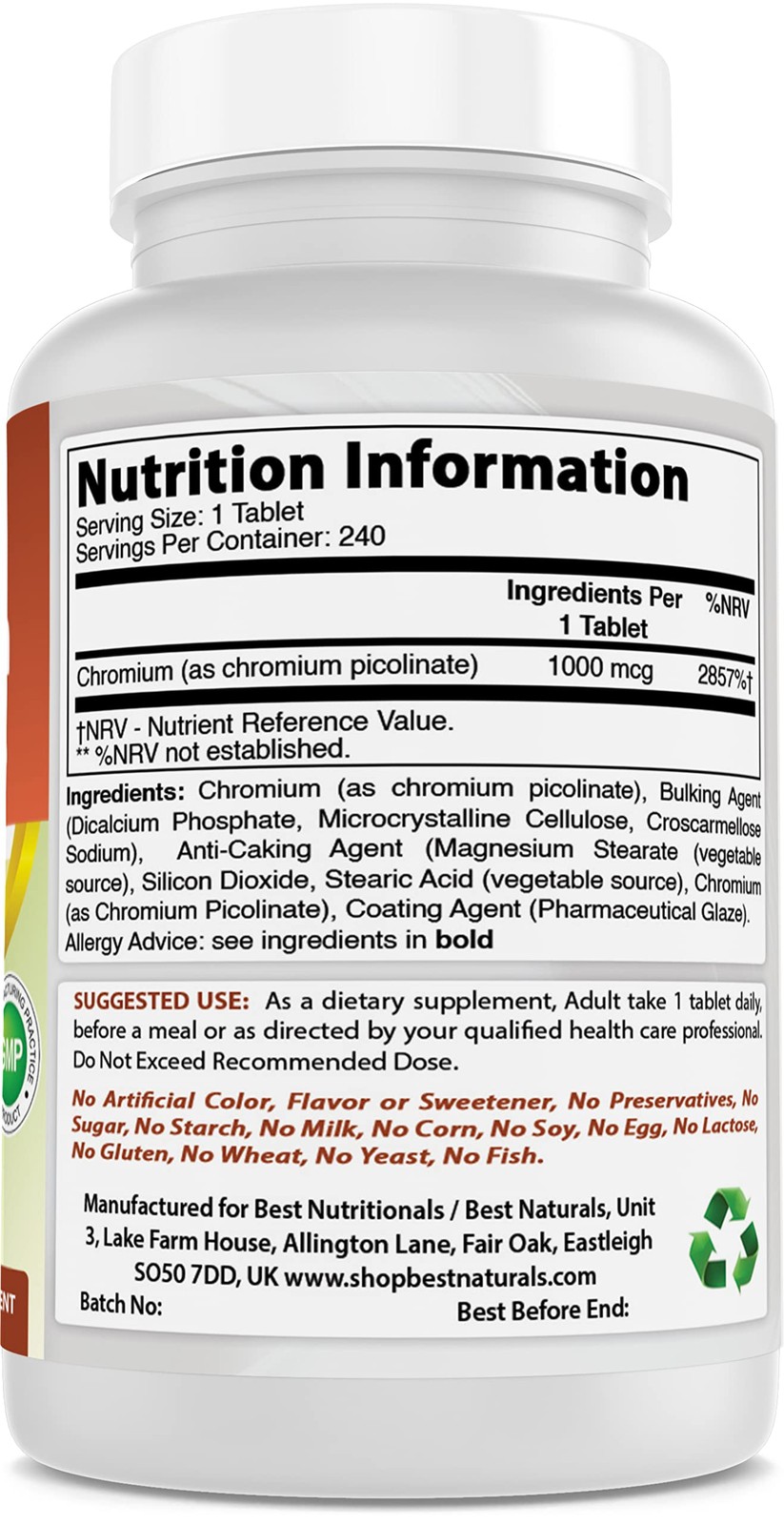 Best Naturals Chromium Picolinate 1000 mcg 240 Count (Pack of 1), No Color