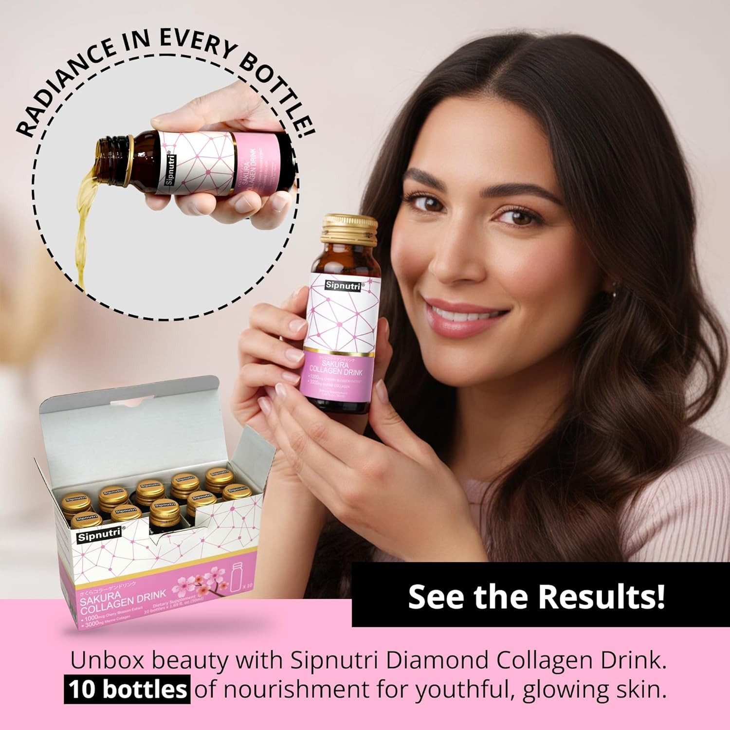 Sakura Collagen Drink with Cherry Blossom Extract, 50 ml x 10 Bottles