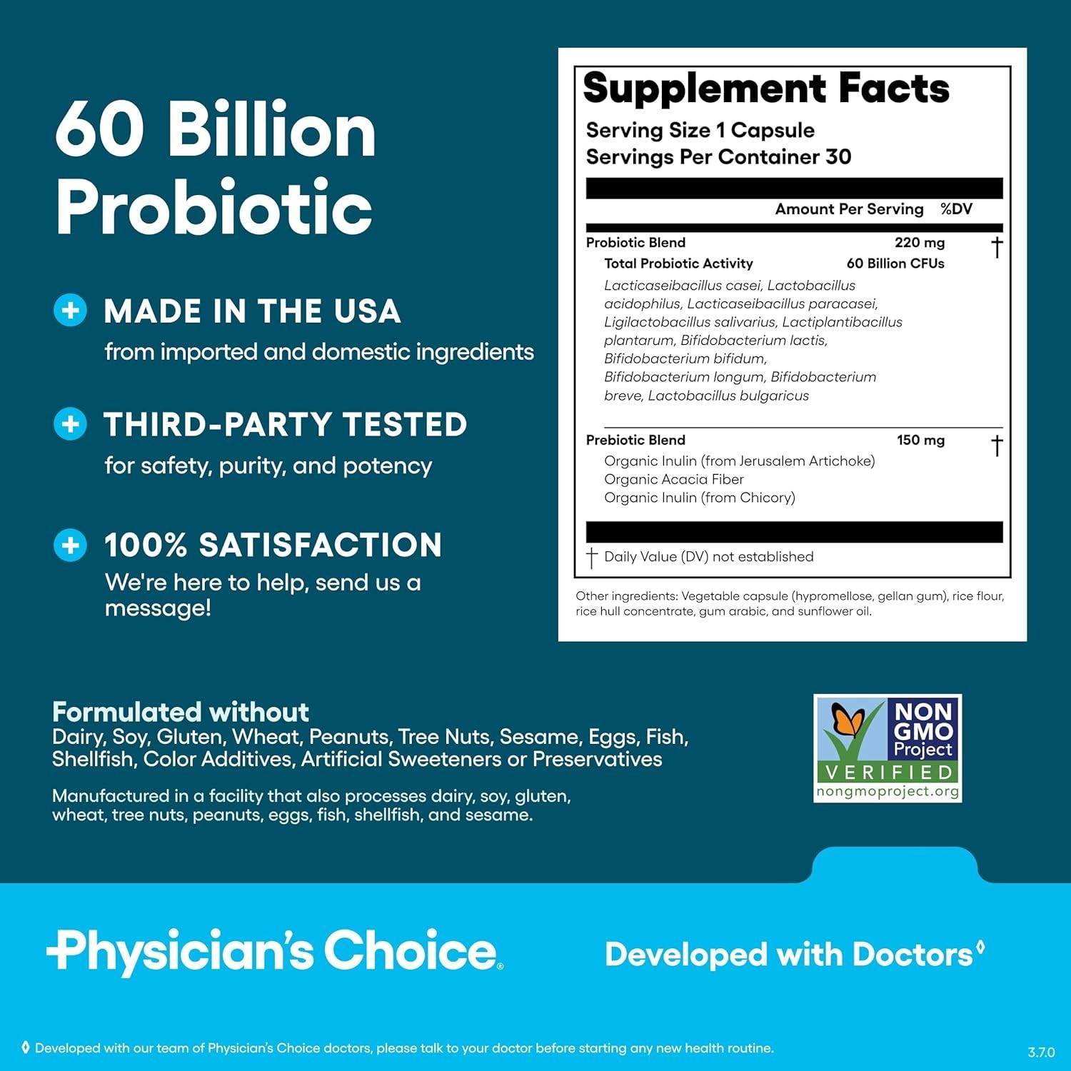 60 Billion CFU Probiotics Physician’s CHOICE Prebiotics Digestive Support 30ct