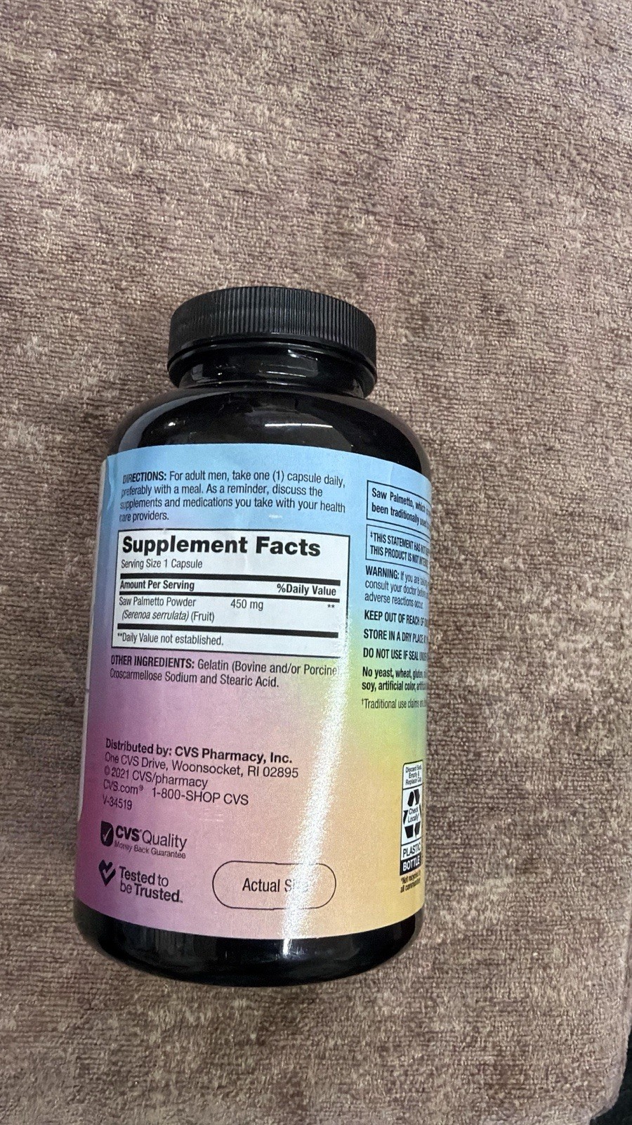 Saw Palmetto – Whole Herb Herbal Supplement 450 mg – 250 count Exp 06/27