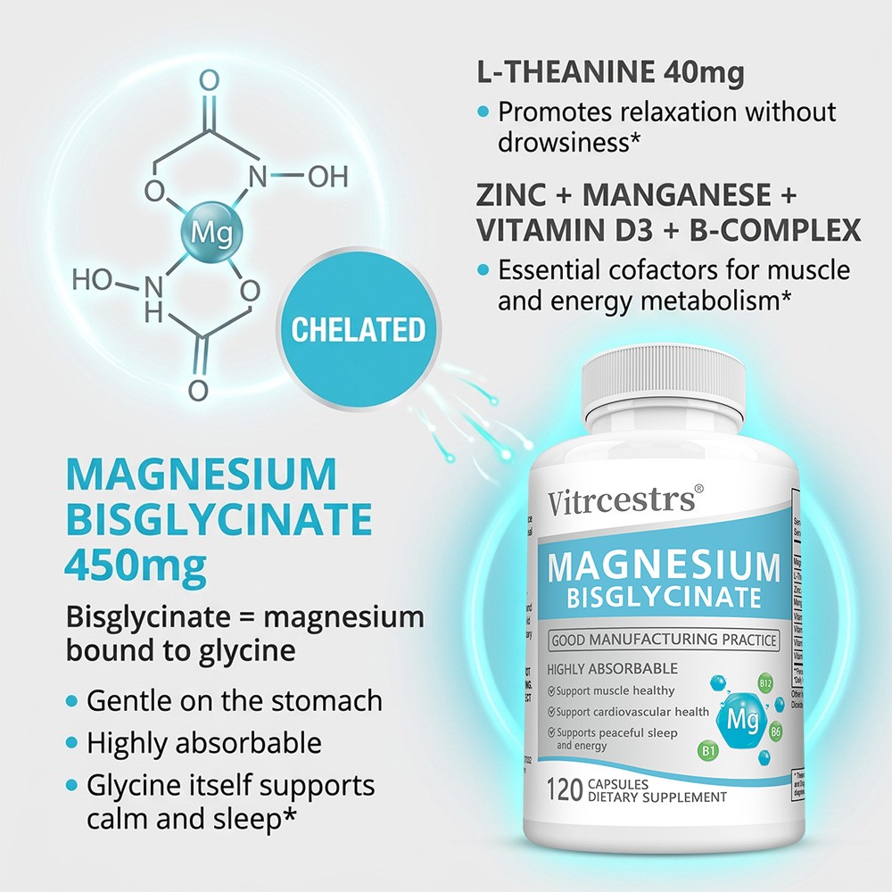 450mg Magnesium Bisglycinate with L-Theanine for Muscle&Heart Wellness 30~120Cap