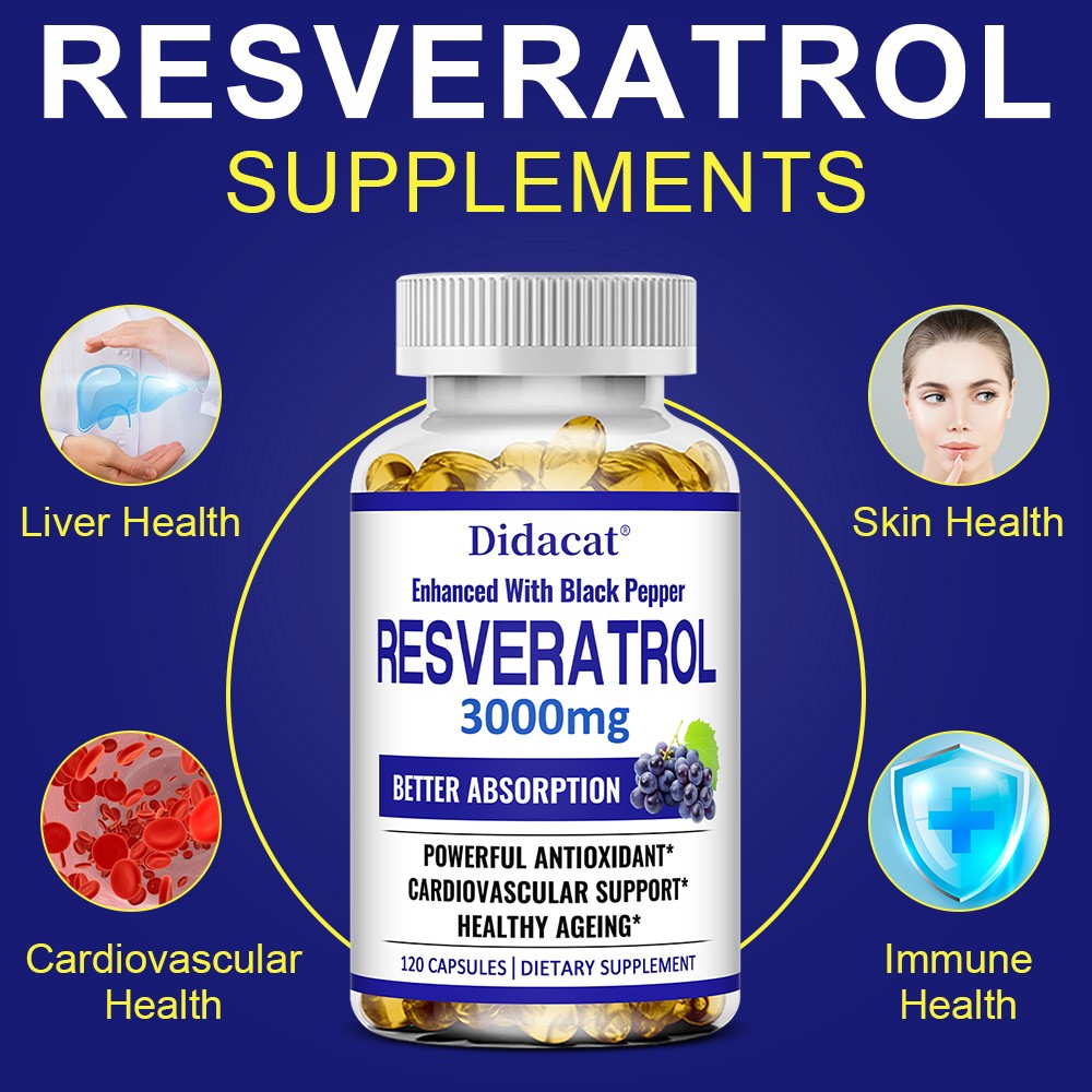 Resveratrol 3000mg Supplement for Heart,Skin & Healthy Aging, 30/60/120 Capsules