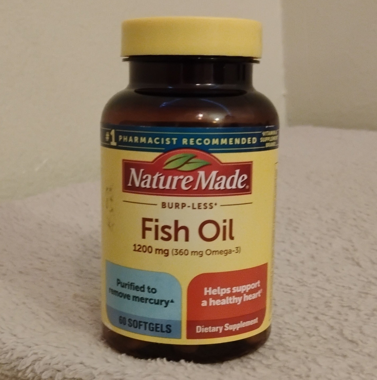 Nature Made Burp-Less Fish Oil 1200mg 360mg Omega-3 Softgels, 60 Ct