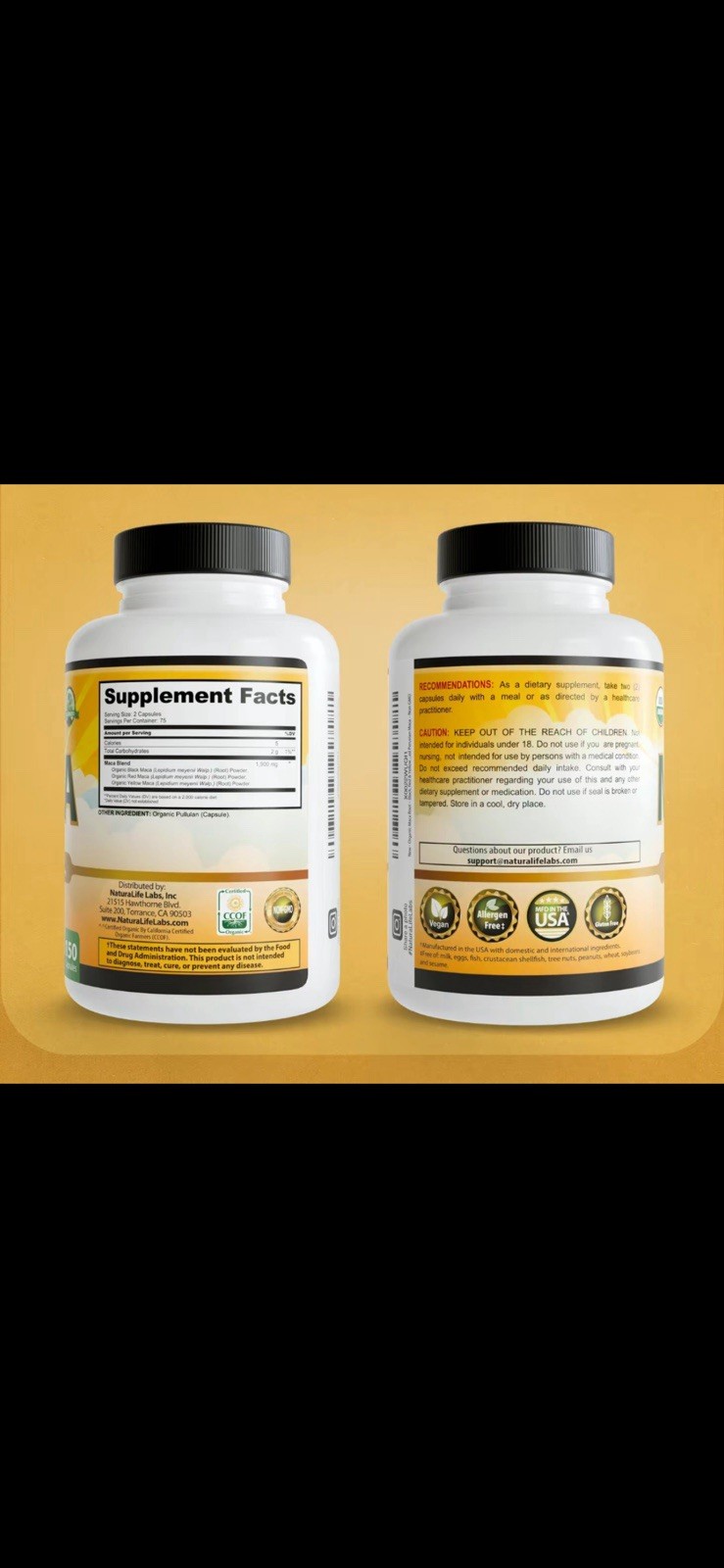NaturaLife Labs Organic Maca 1900 mg 150 Capsules Vegan Gluten-Free Exp 03/2029