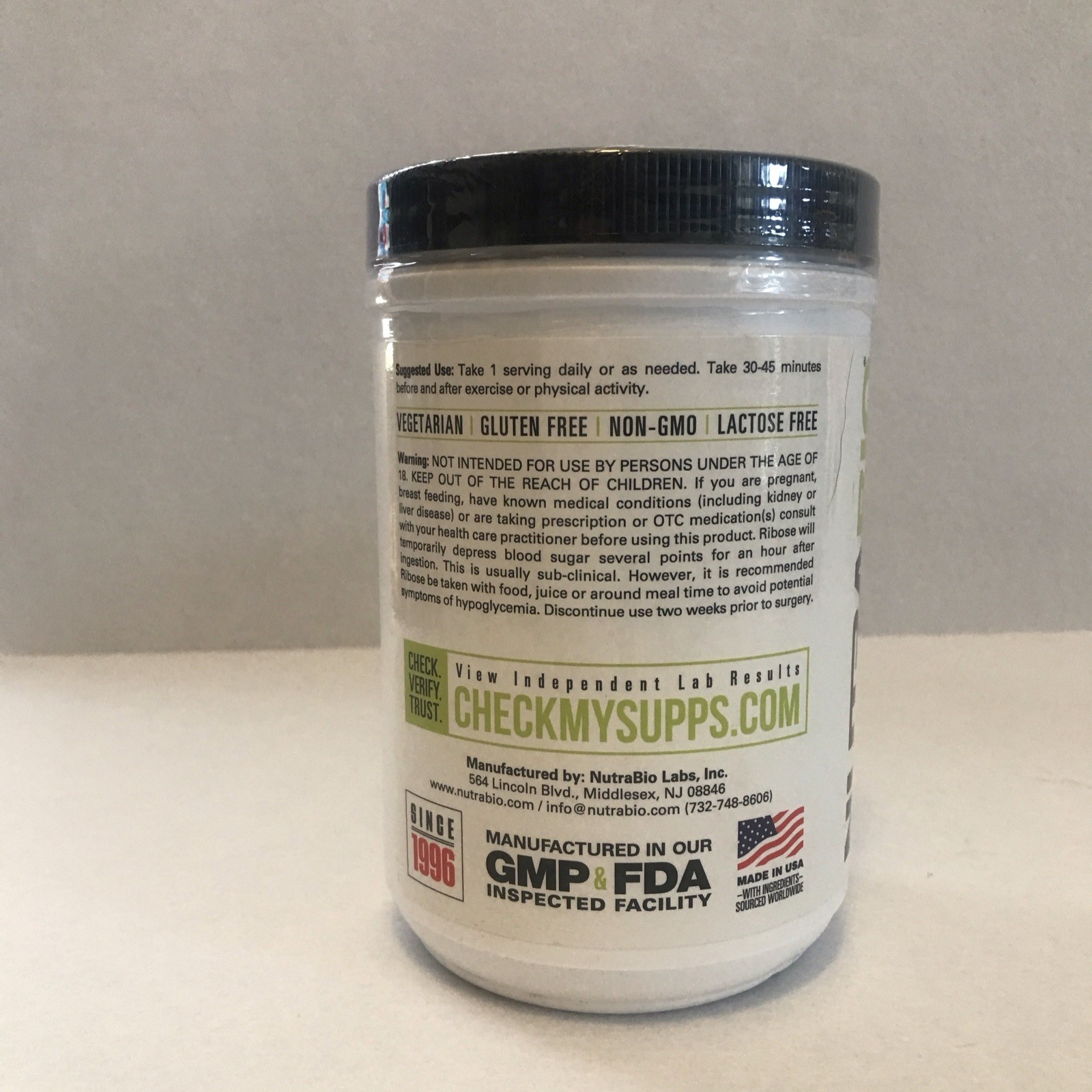 NutraBio Ribose Powder Vegetarian Gluten Free Non-GMO Lactose Free 500g