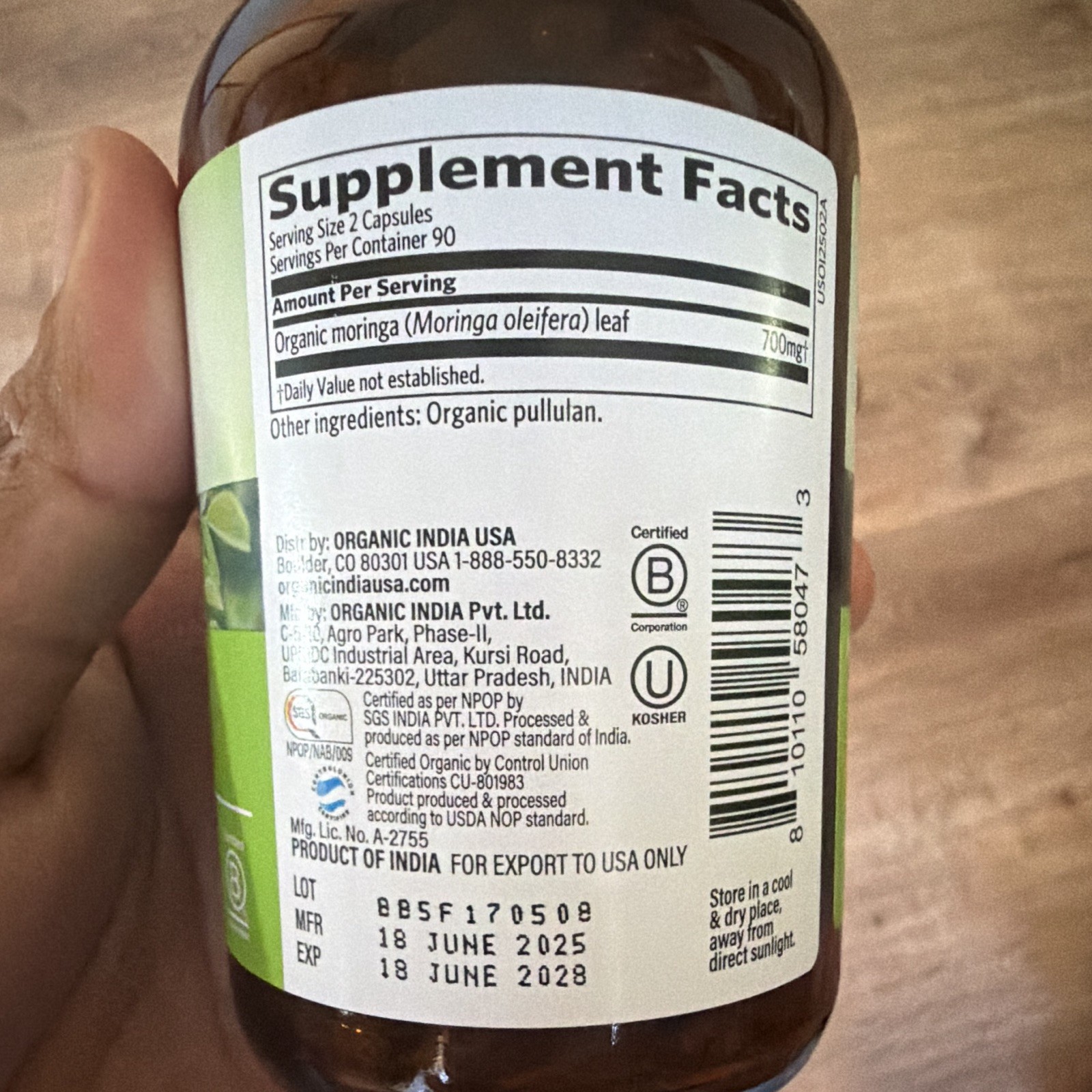 Organic India Moringa Herbal Supplement USDA Organic Kosher 180 Caps 700mg