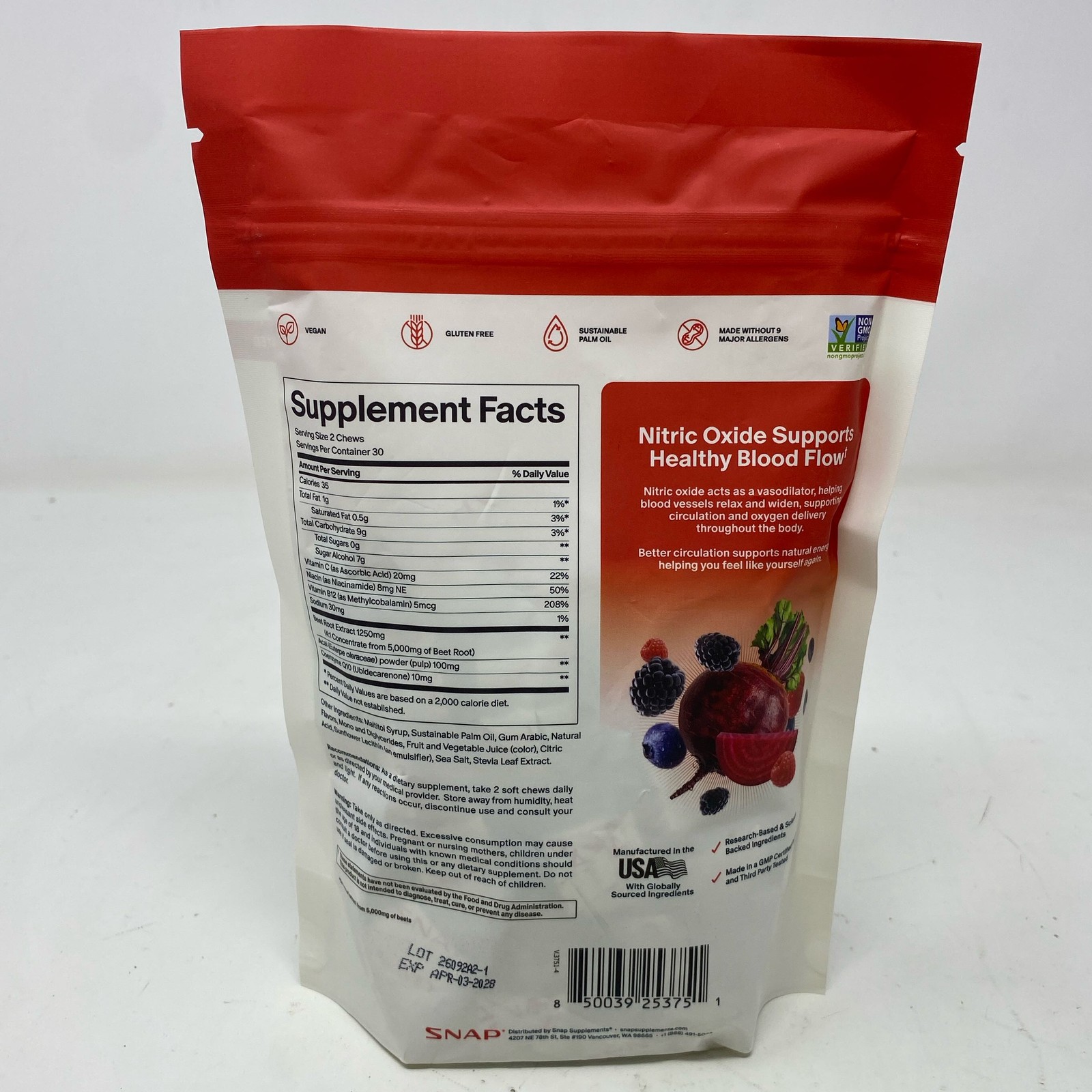 Snap Supplements Nitric Oxide Beet Soft Chews, Mixed Berry, 60 Chews