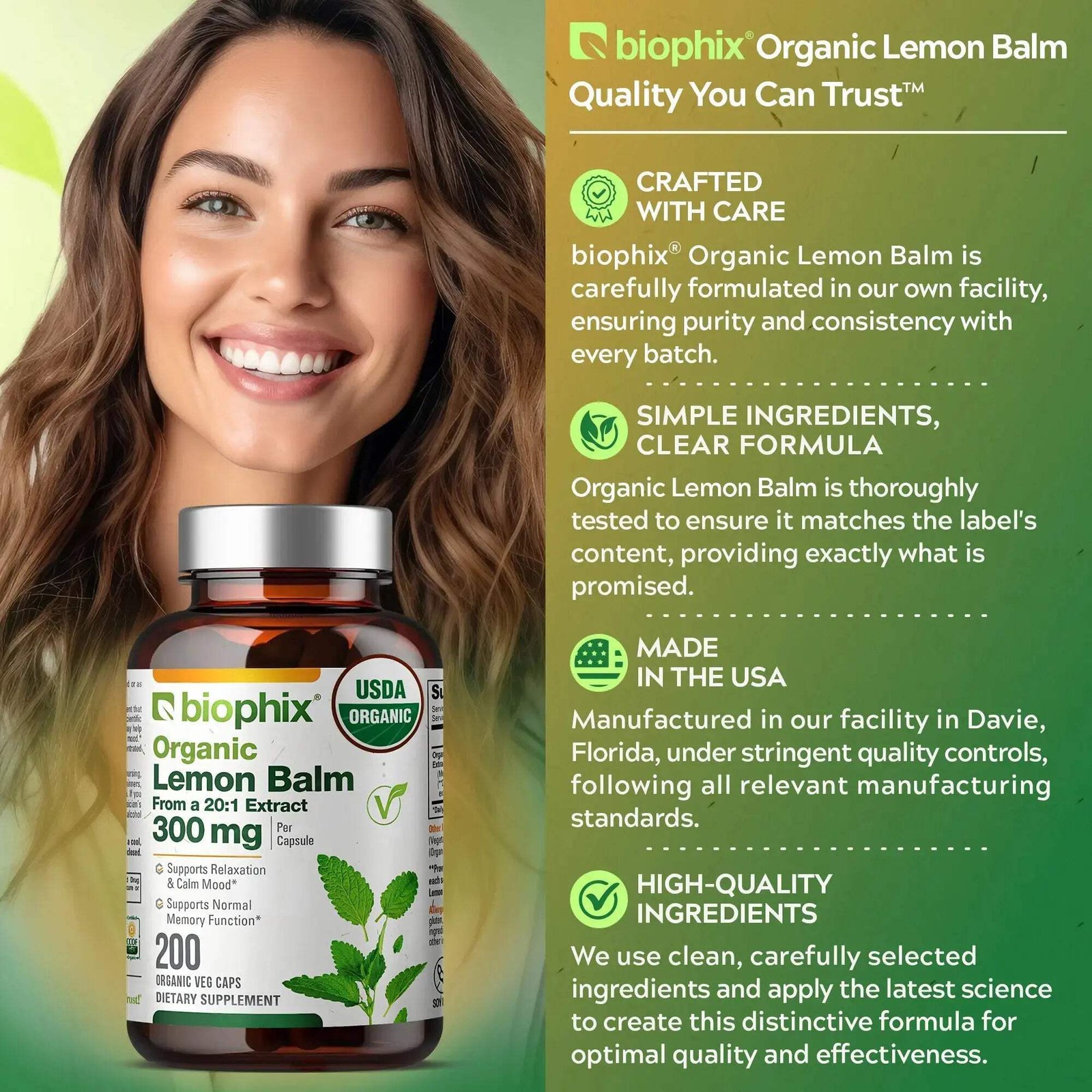 biophix Lemon Balm USDA Organic 20:1 Extract 300 mg 200 Veggie Caps