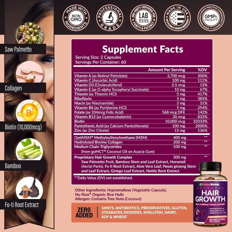 Rainbow Nutrients Hair Vitamins Growth w Biotin 10 , 000mcg Collagen 120Capsules