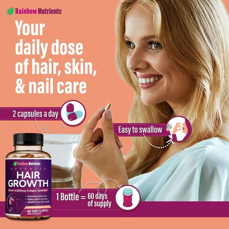 Rainbow Nutrients Hair Vitamins Growth w Biotin 10 , 000mcg Collagen 120Capsules
