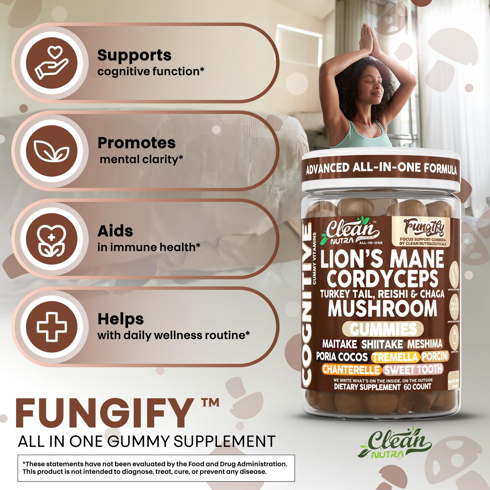 Clean Nutra Lions Mane Mushroom Gummies Cordyceps 60 Count (Pack of 1), Brown