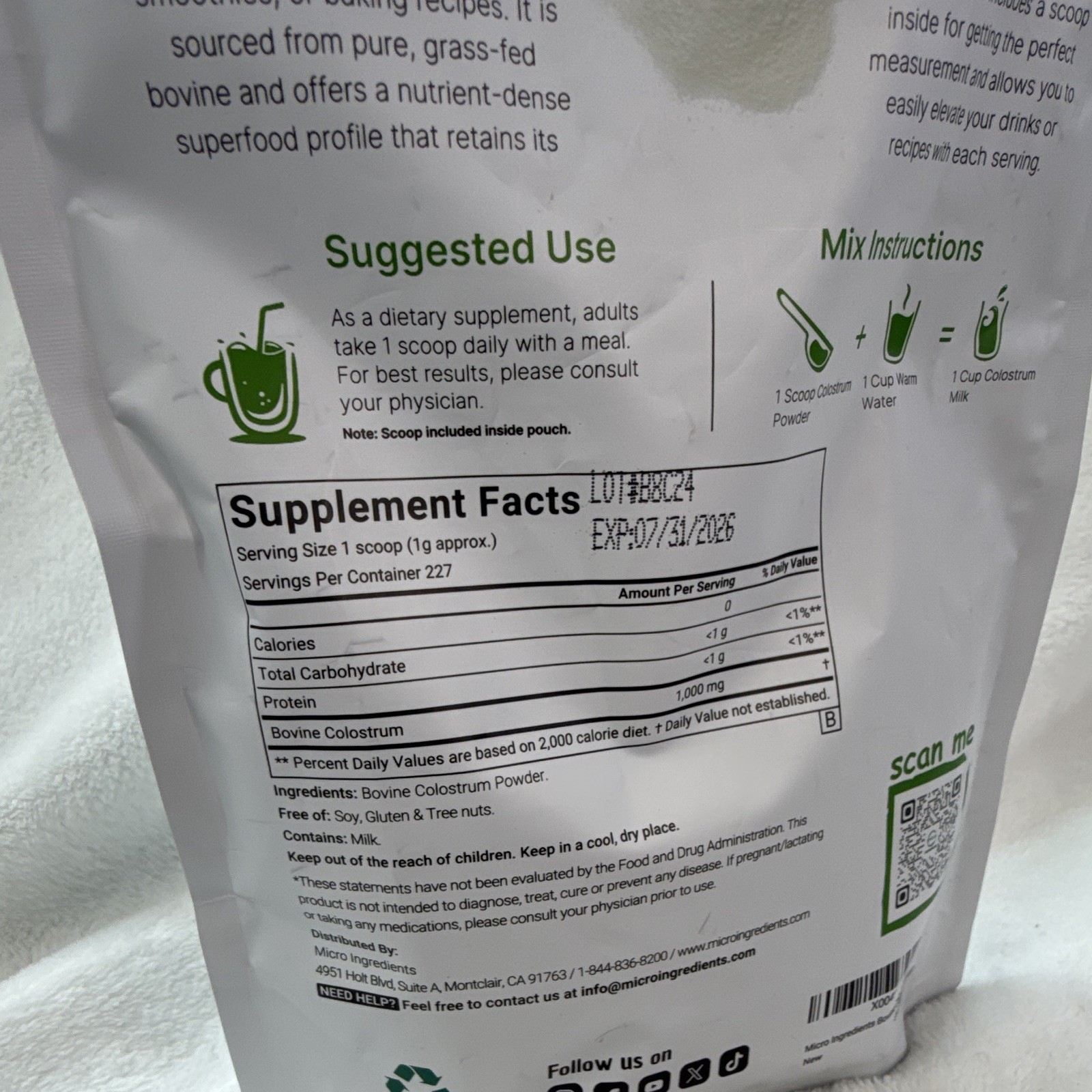 Micro Ingredients Bovine Colostrum Powder Unflavored Grass Fed 8 oz 07/2026