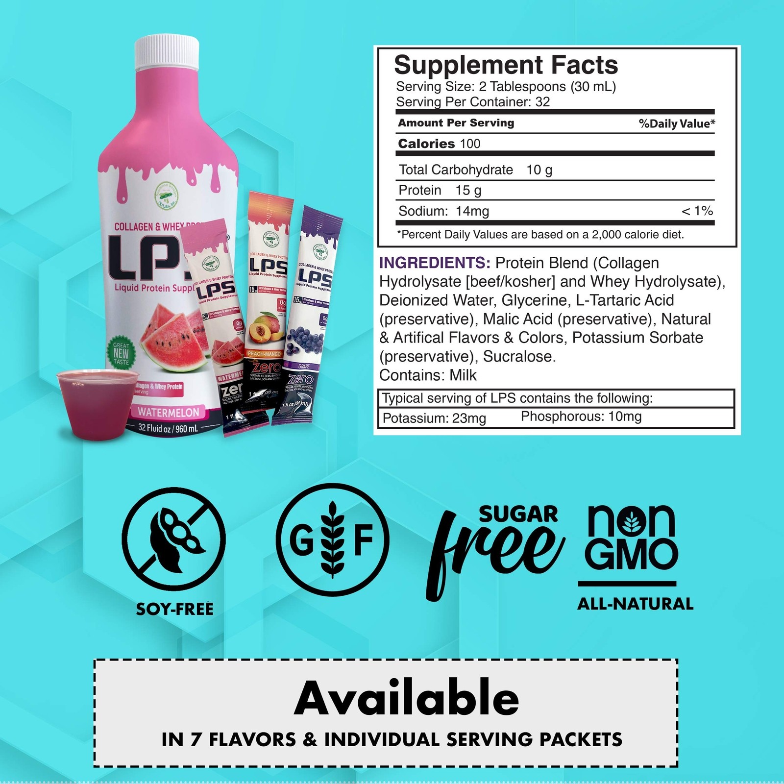 LPS Liquid Protein Supplement Collagen & Whey Cherry 15 Grams 32 Fl Oz.