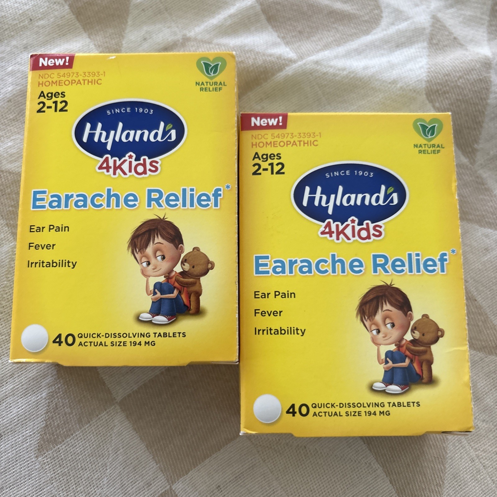 2 X Hyland’s 4Kids Earache Relief 40 Quick-Dissolving Tablets Ages 2-12 Natural