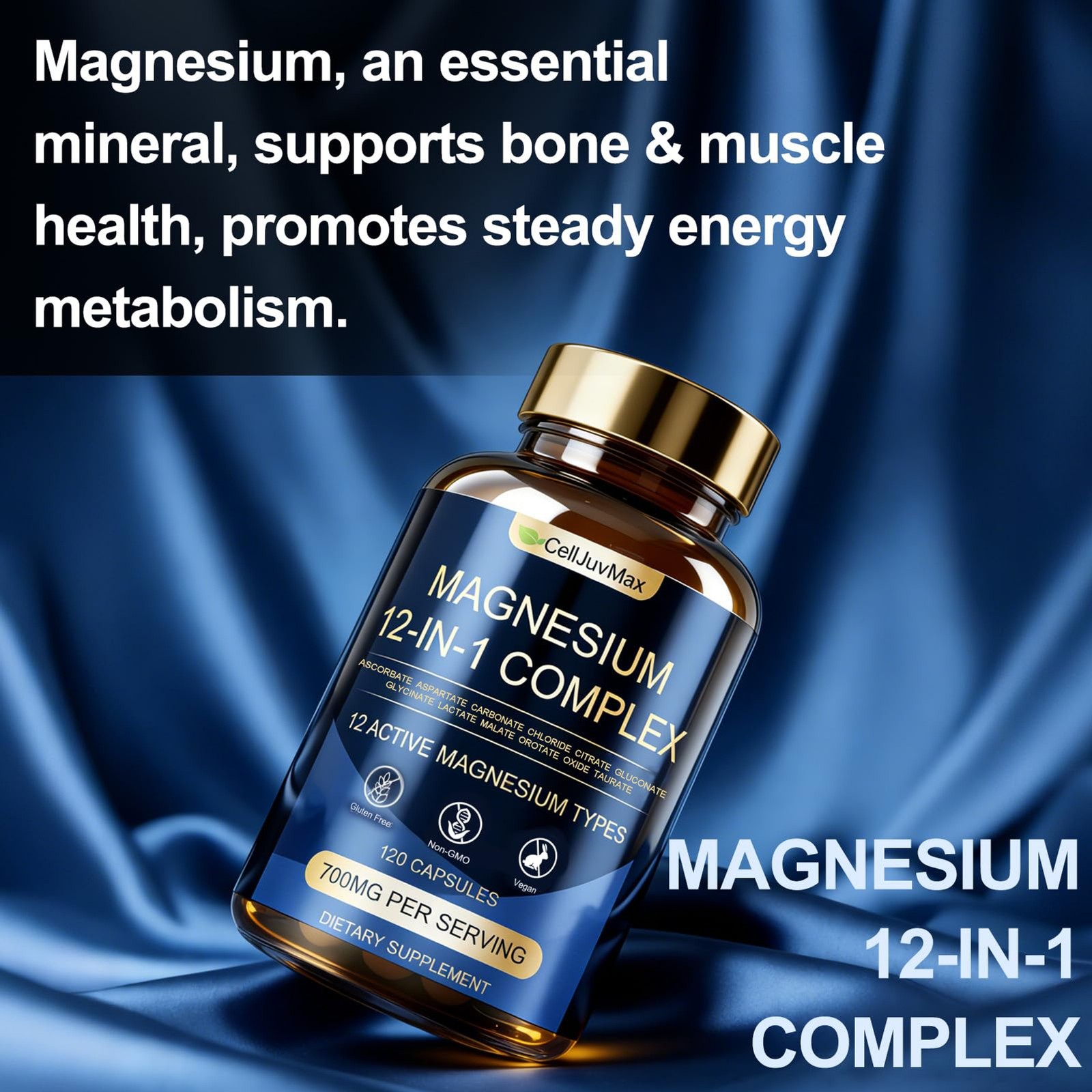 Magnesium 12-in-1 Complex 700mg, with Glycinate & Citrate, Vegan Supplement for