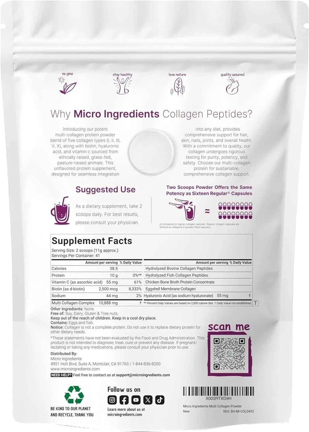 Multi Collagen Peptides Powder 1 lb Hydrolyzed Protein Peptide Type I-II,III,V,X